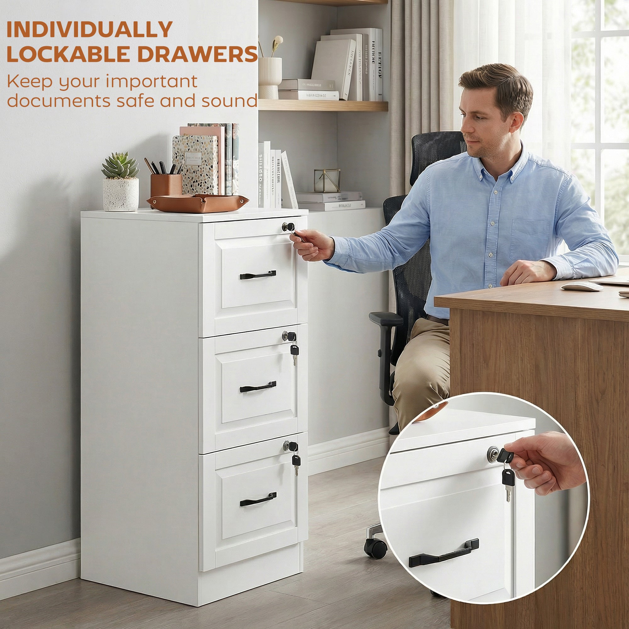 3 Drawer File Cabinet with Lock, Vertical Filing Cabinet with Adjustable Hanging Bars for A4 and Letter Size, White-Office Products > Office Furniture > Office Cabinets & Cupboards-DECOROLALA