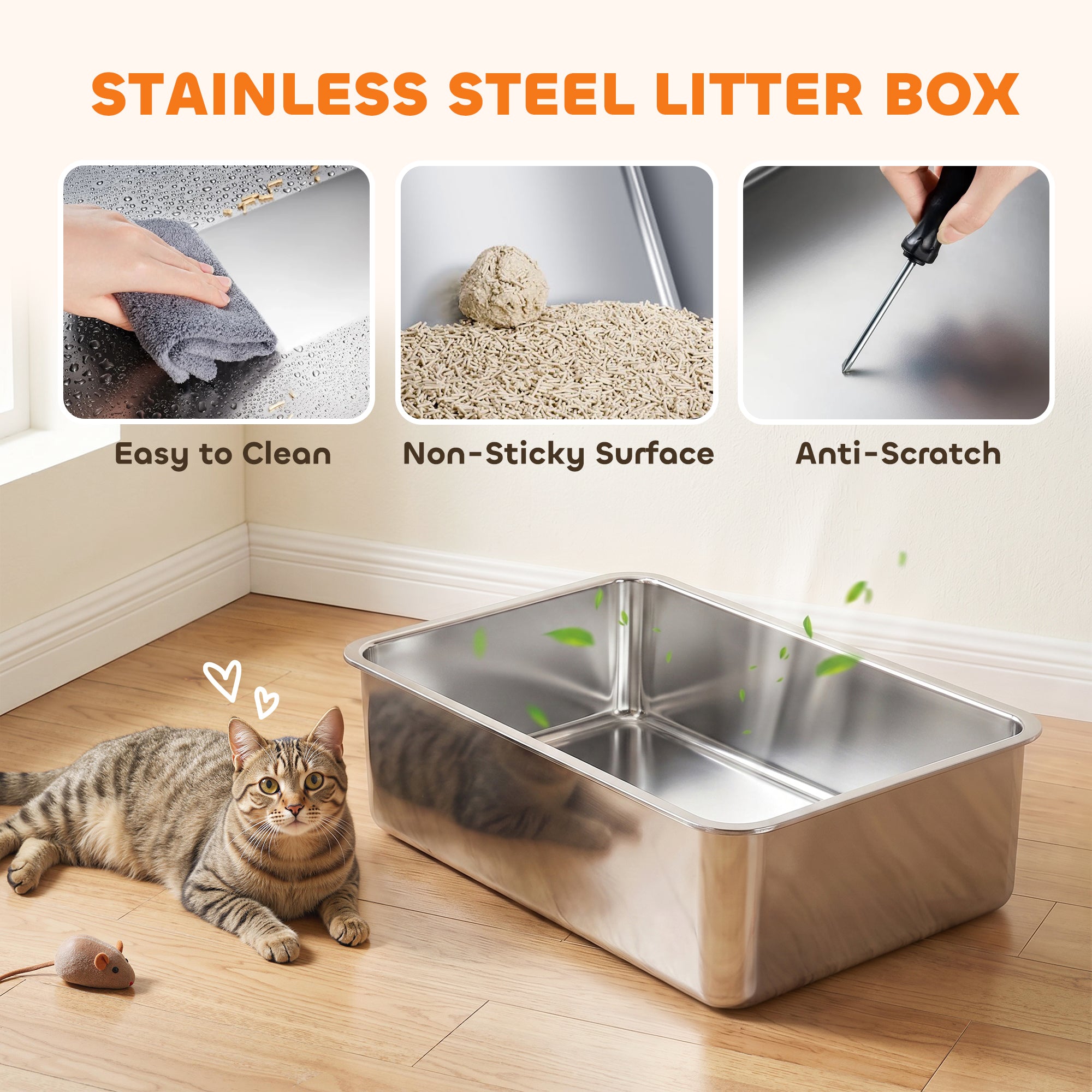 2 Pack XL Stainless Steel Litter Box with Scoops, High Sided, for Big and Multiple Cats, Anti-Urine Leakage