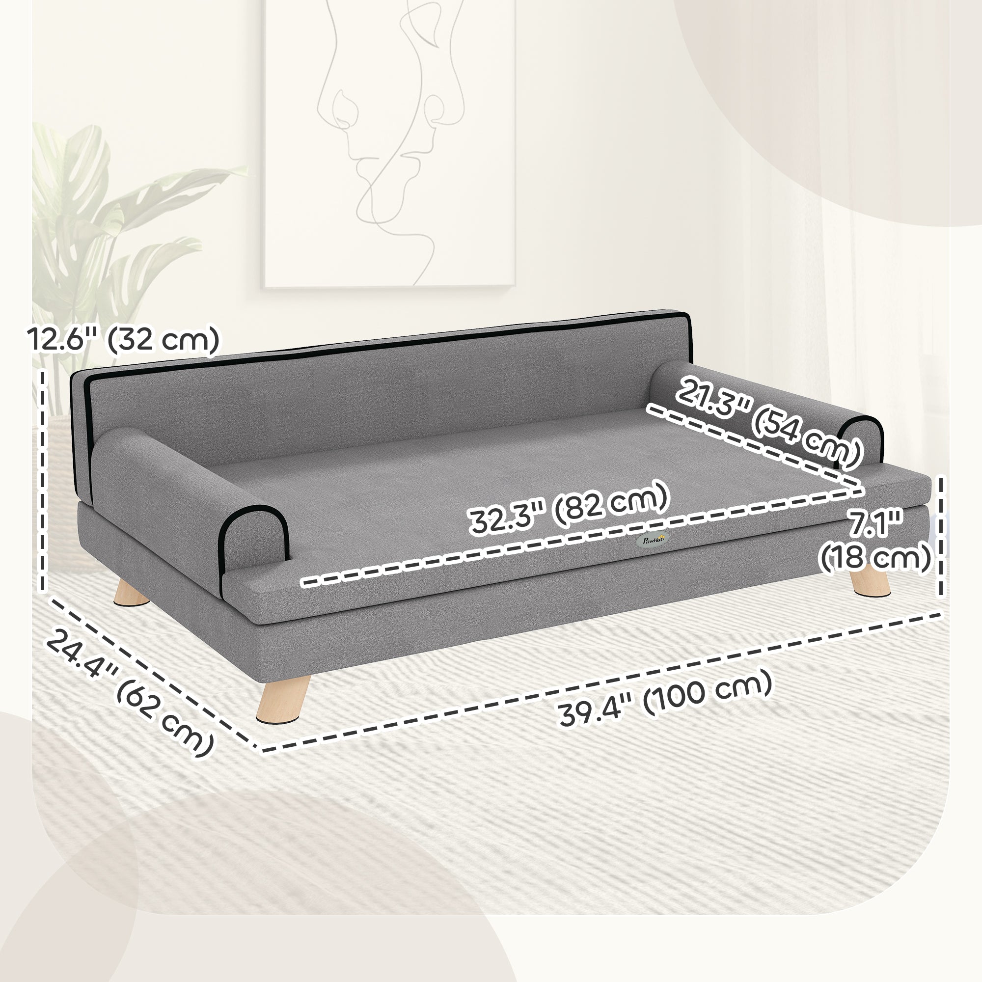 Canapé-lit surélevé pour chien, canapé pour chat avec coussin, housse lavable, pieds en bois, pour chiens moyens et grands, gris clair
