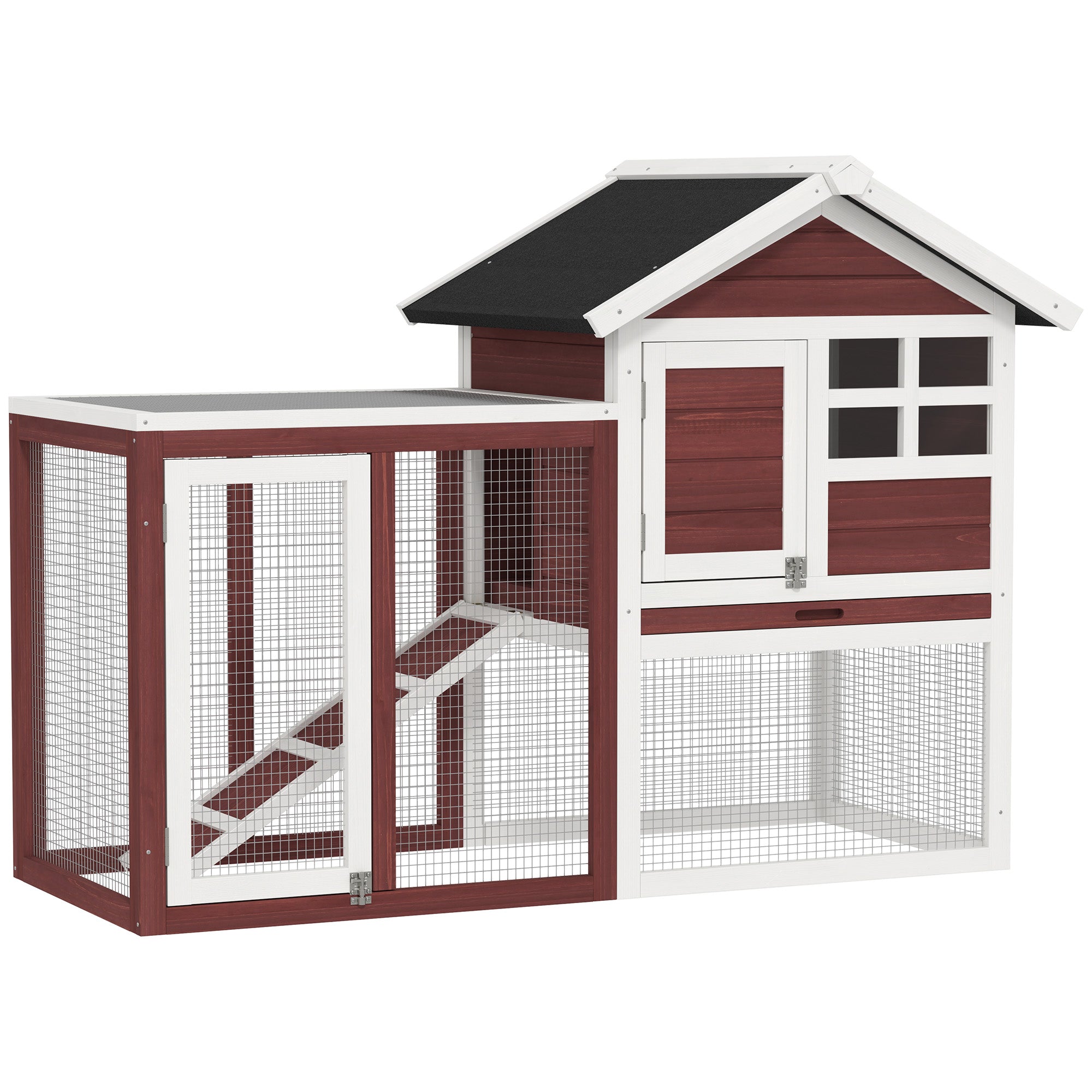 Clapier en bois étanche de 48" pour lapins, cage et abri pour petits animaux avec toit incliné et enclos extérieur grillagé, marron