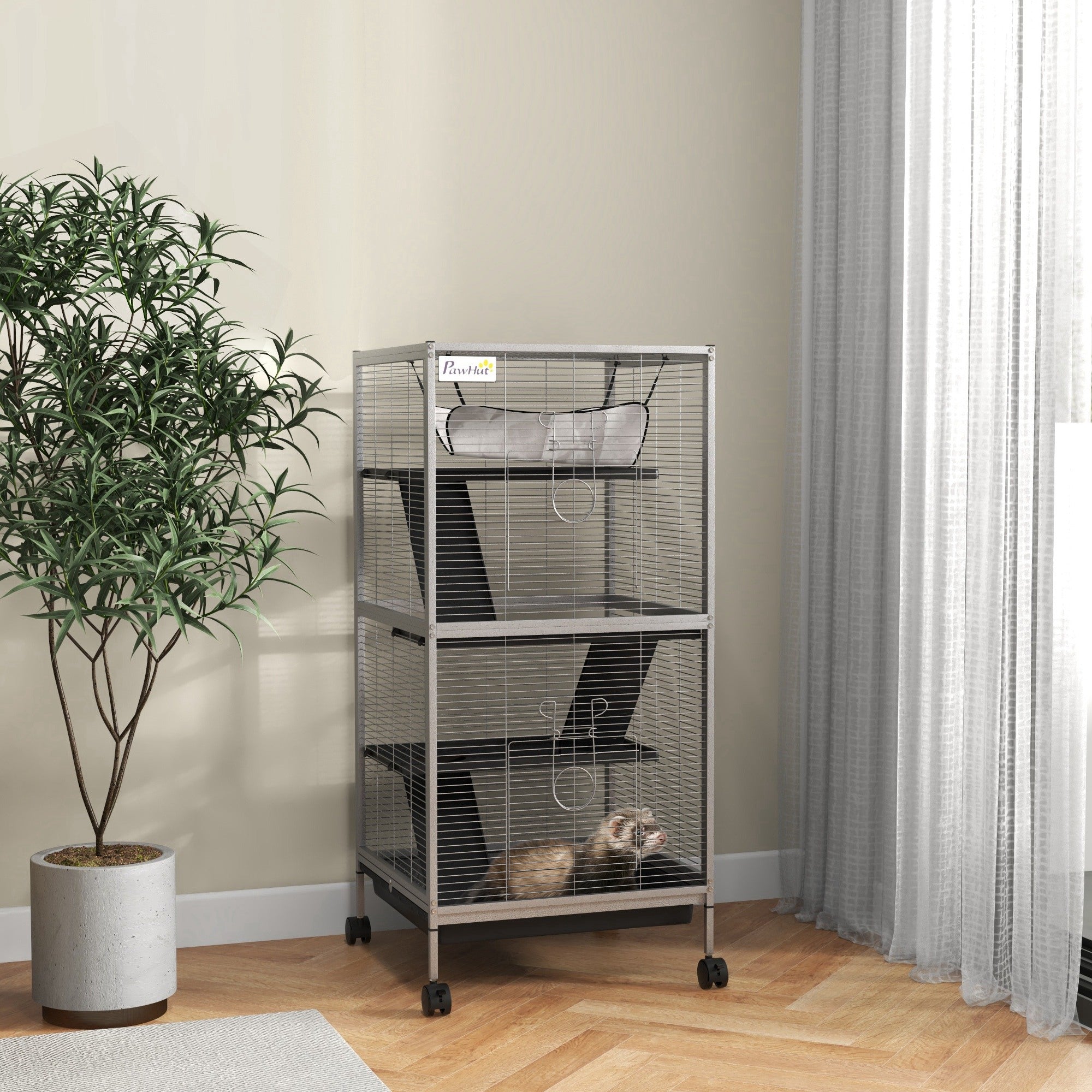 Cage en acier de petite taille pour furet, chinchilla, chaton et lapin, gris clair