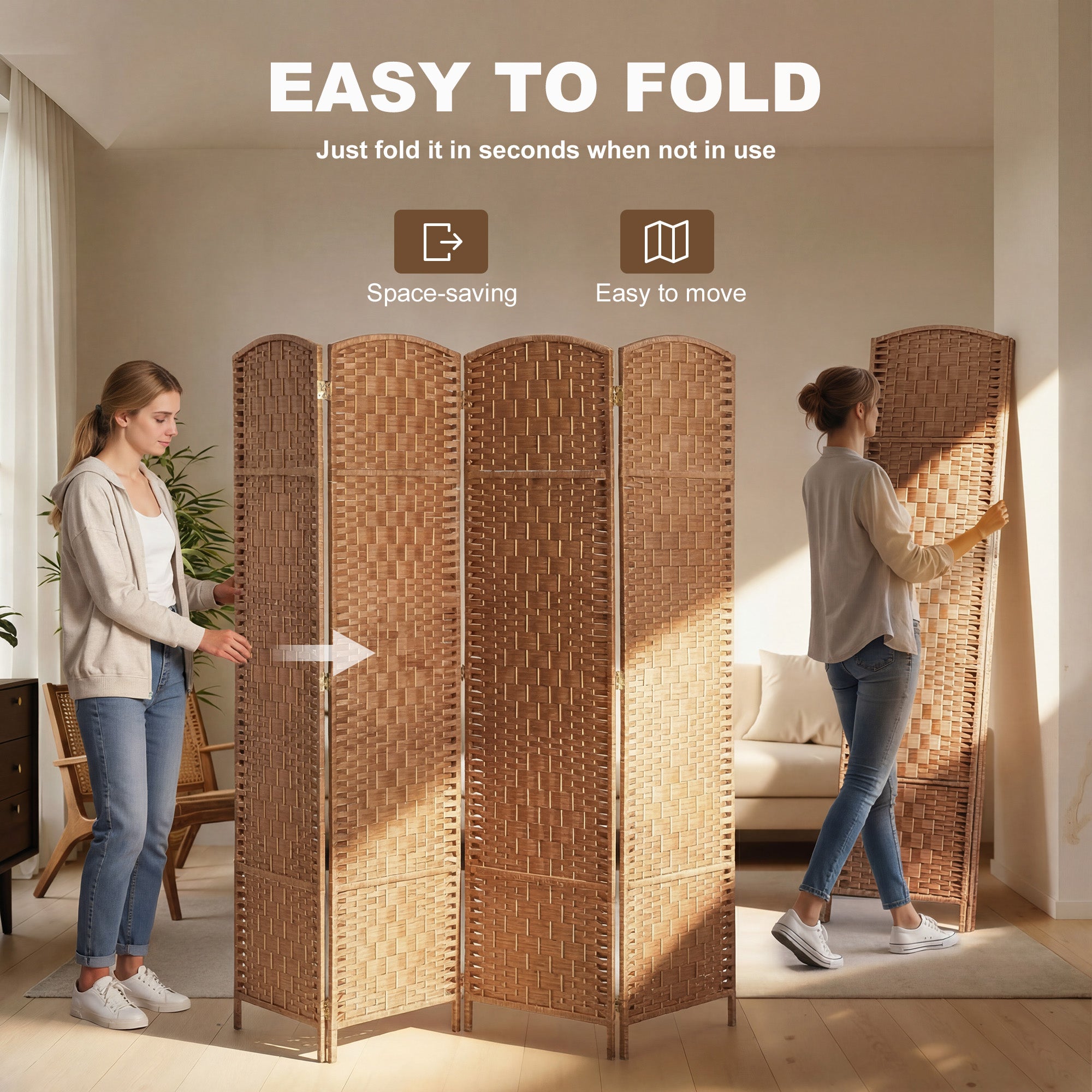 Paravent pliable de 6 pieds, cloison murale à 4 panneaux avec cadre en bois pour chambre ou bureau à domicile, finition naturelle