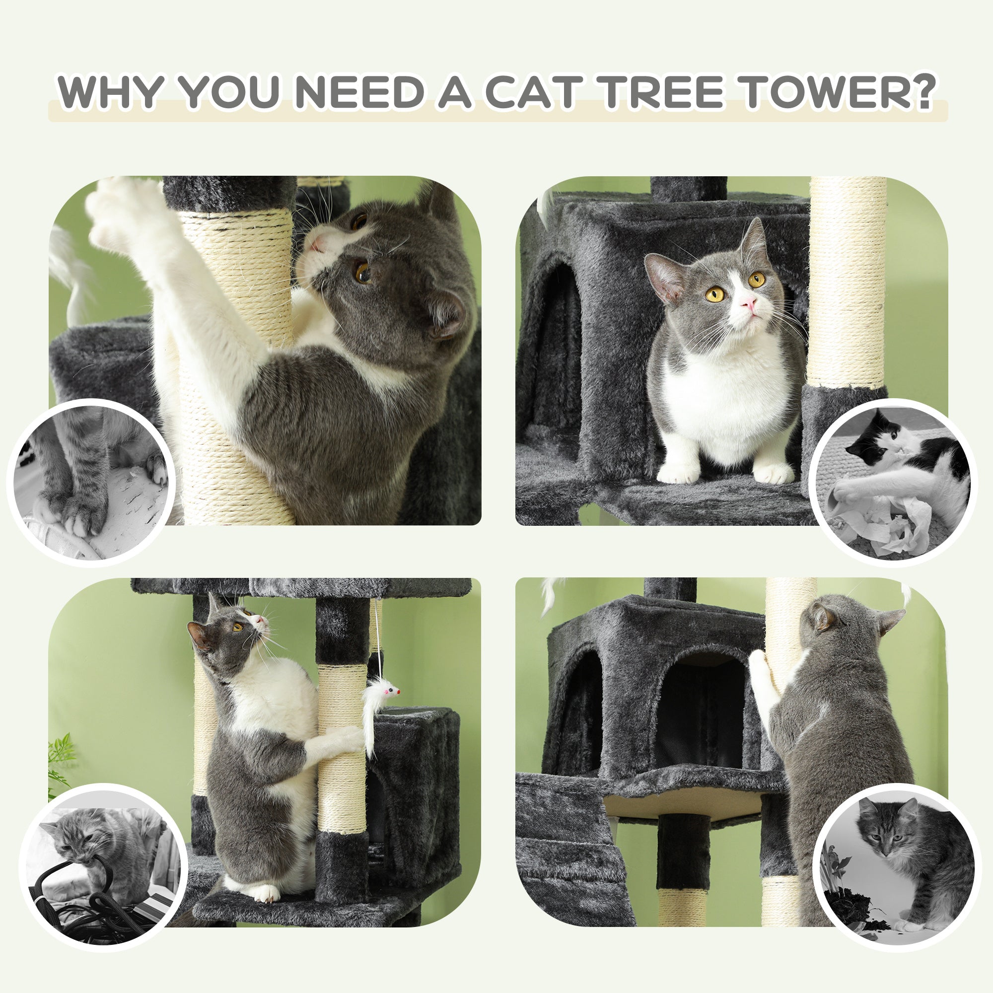 68" Multi-Level Cat Scratching Tree with 3 Perches & 2 Condos, 4 Tier Kitty Activity Center with Ladders & Dangling Toys, Grey