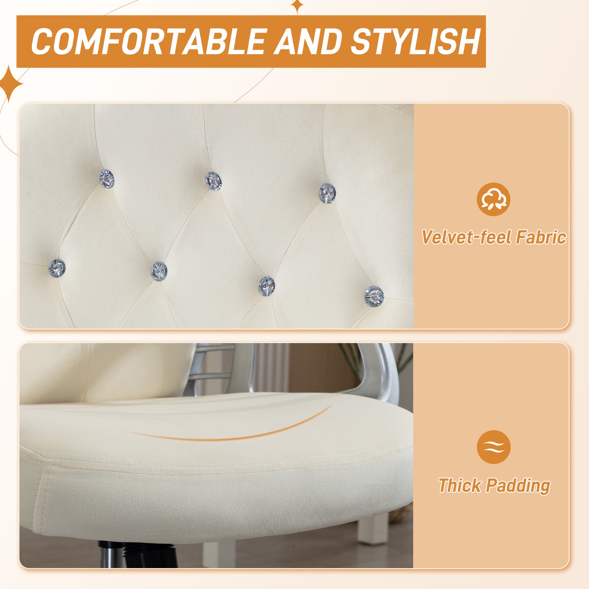 Vanity Office Chair, Velvet Computer Desk Chair with Swivel Wheels, Adjustable Height, Tilt Function, Beige-Office Products > Office Furniture > Office Chairs > Task Chairs-DECOROLALA