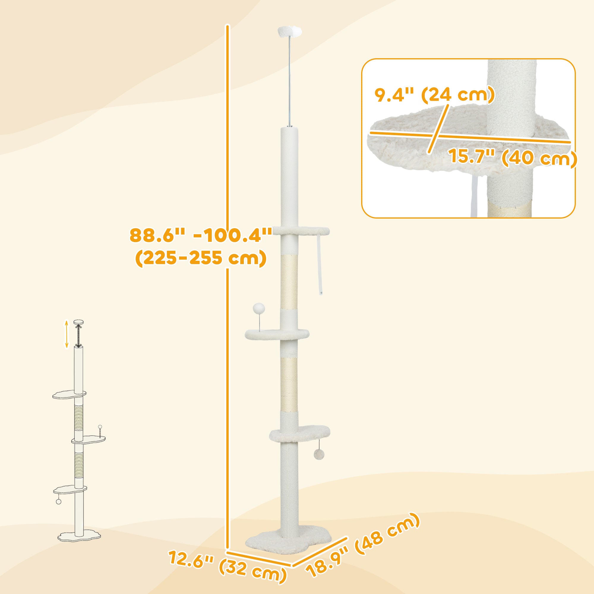 88.5"-100.5" Floor to Ceiling Cat Tree, Cat Tower with Scratching Posts, Cloud Shaped Platforms, Dangling Balls, Cream