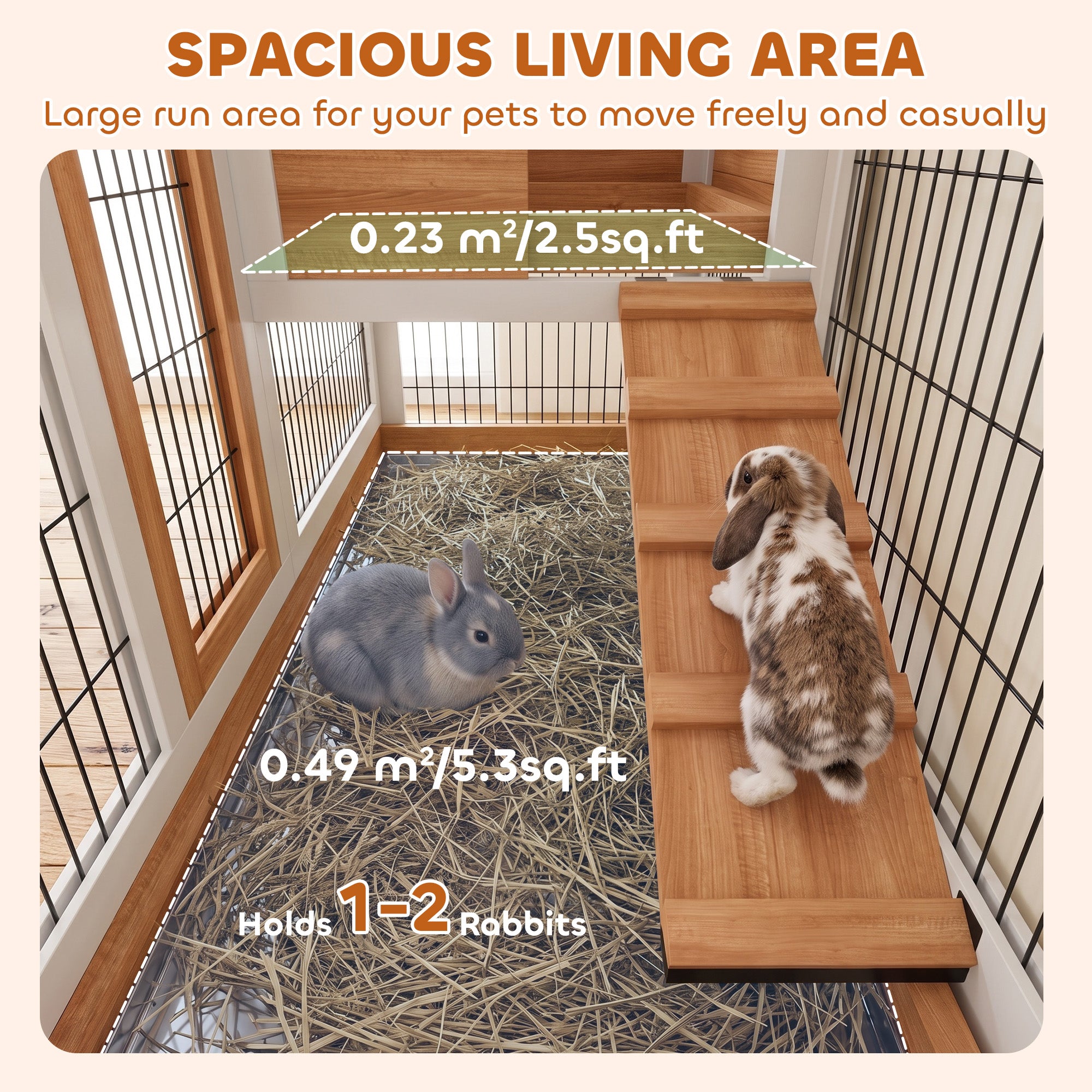 Wooden Rabbit Hutch, Indoor Bunny Cage with Wheels, Pull Out Trays, Run, Yellow