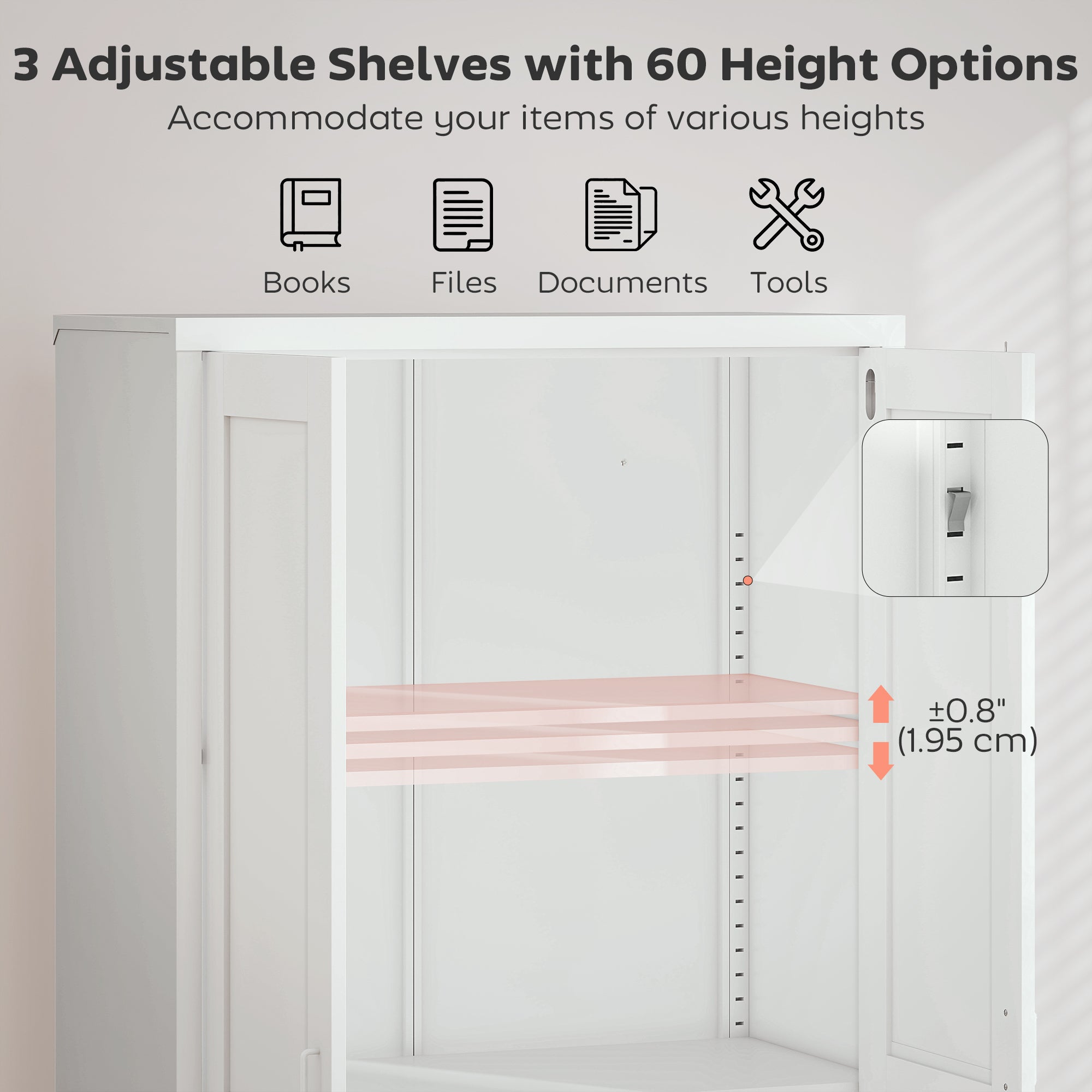 Lockable Steel Storage Cabinet - 3 Shelves 2 Doors White