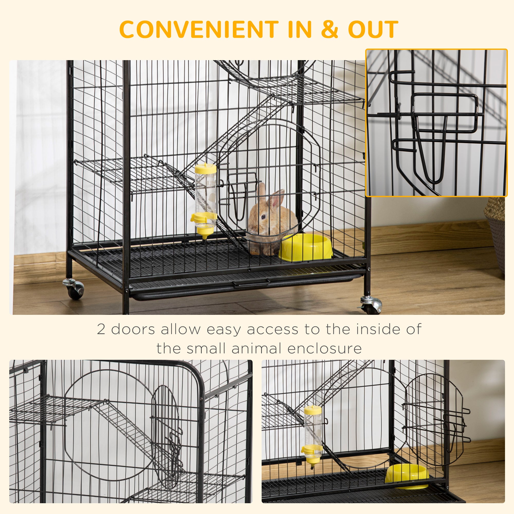 Rolling Small Animal Cage 36.6" Pet Rabbit Ferret Playpen, Animal Supply Kit Metal Black for Bunny, Pet Mink, Chinchilla