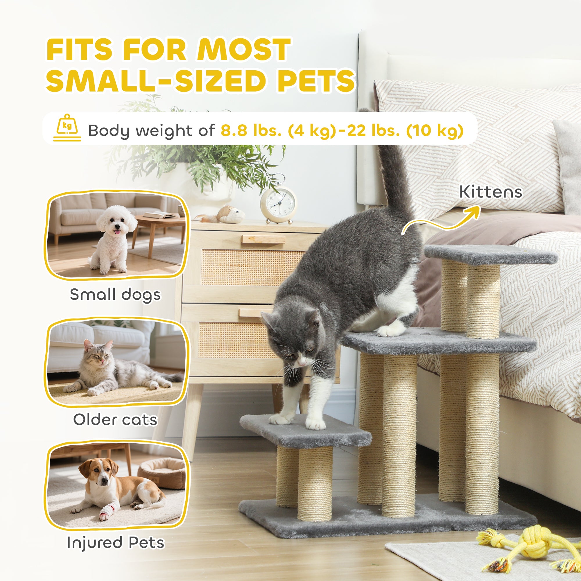 Cat Stairs with 2 Sisal Scratching Post for High Bed Couch, Adjustable 3-Tier Pet Stairs, White & Grey