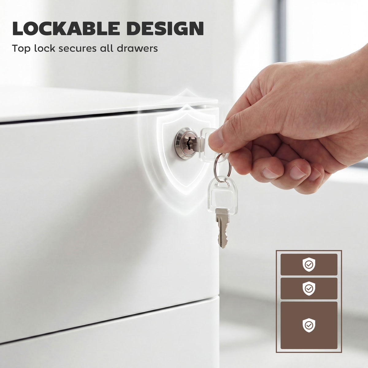 3-Drawer Steel Filing Cabinet with Lock and Wheels - White