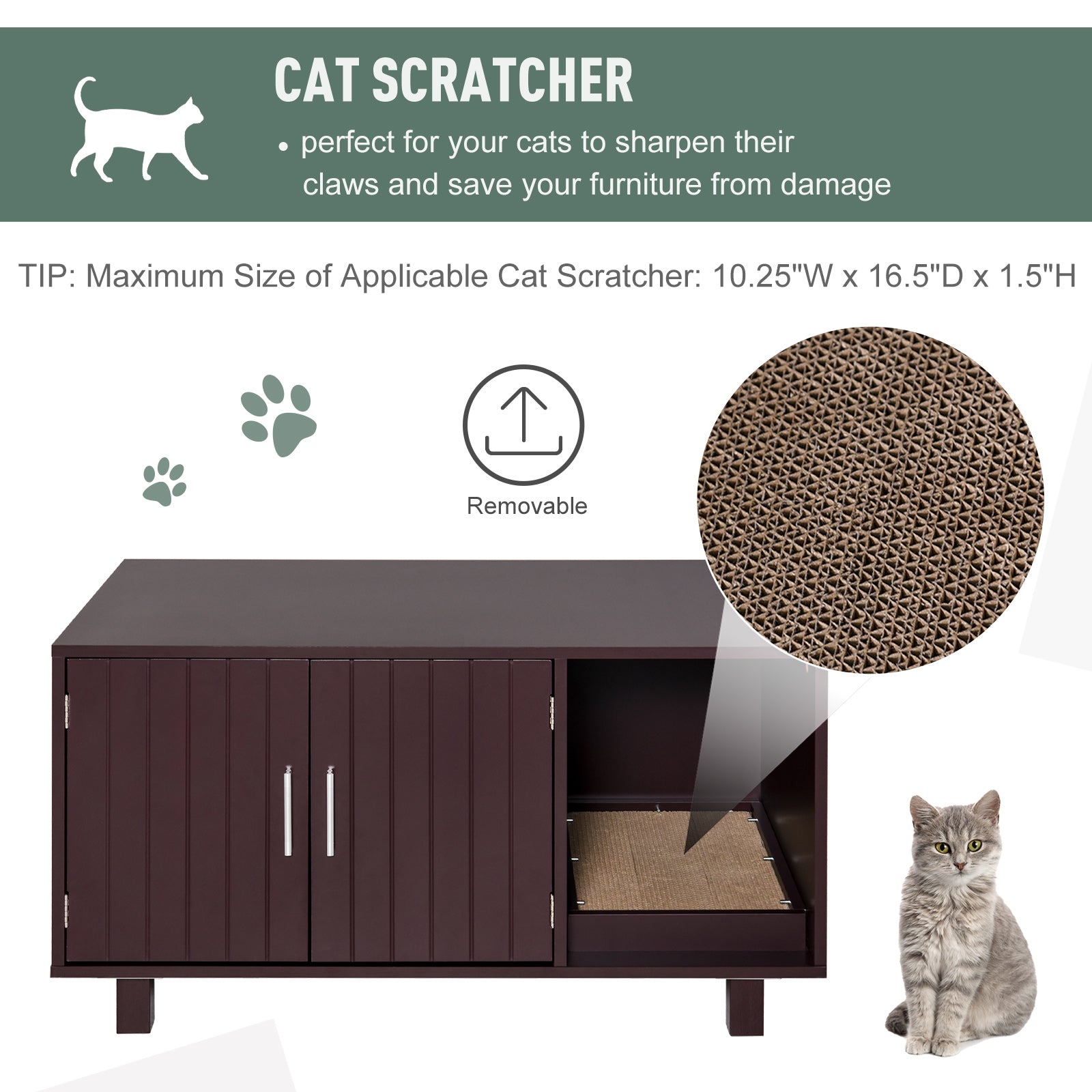 Meuble cache-litière pour chat, meuble à litière dissimulé, maison pour chat et table d’appoint avec espace toilettes et tapis à griffer, pour chats et chatons d’intérieur, 36" x 20.5" x 20", marron