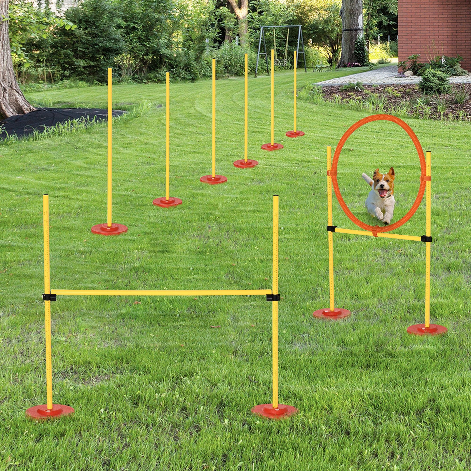 3PCs Portable Pet Agility Training Obstacle Set for Dogs w/ Adjustable Weave Pole, Jumping Ring, Adjustable High Jump