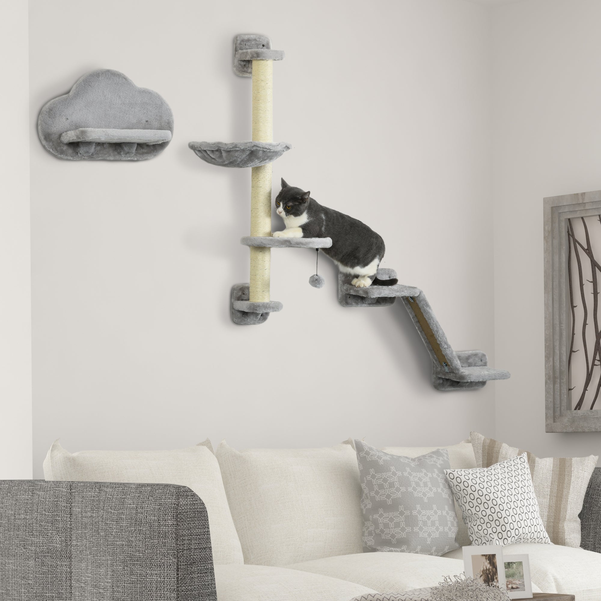 3PCs Cat Shelves with Hammock, Scratching Posts, Platforms, Grey