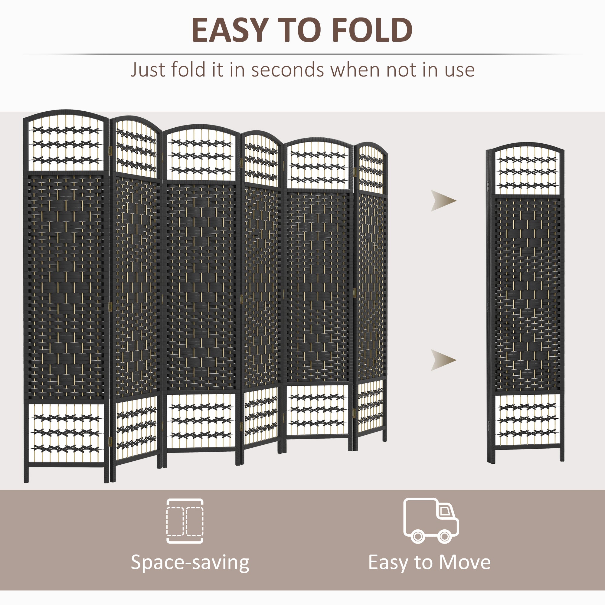 6 Panel Folding Room Divider, Portable Privacy Screen, Wave Fiber Room Partition for Home Office, Black