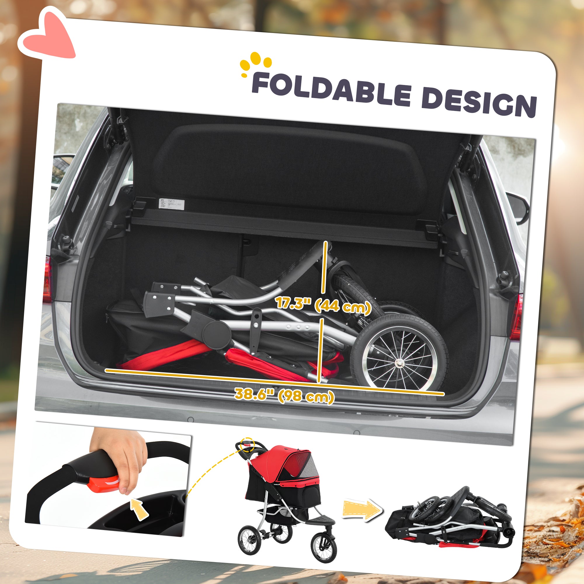Pet Stroller for Small Dogs, 3 Rubber Wheels, One-click Easy Folding All-Terrain Dog Stroller, Adjustable Canopy, Zippered Mesh Window Door, Storage Basket, Red