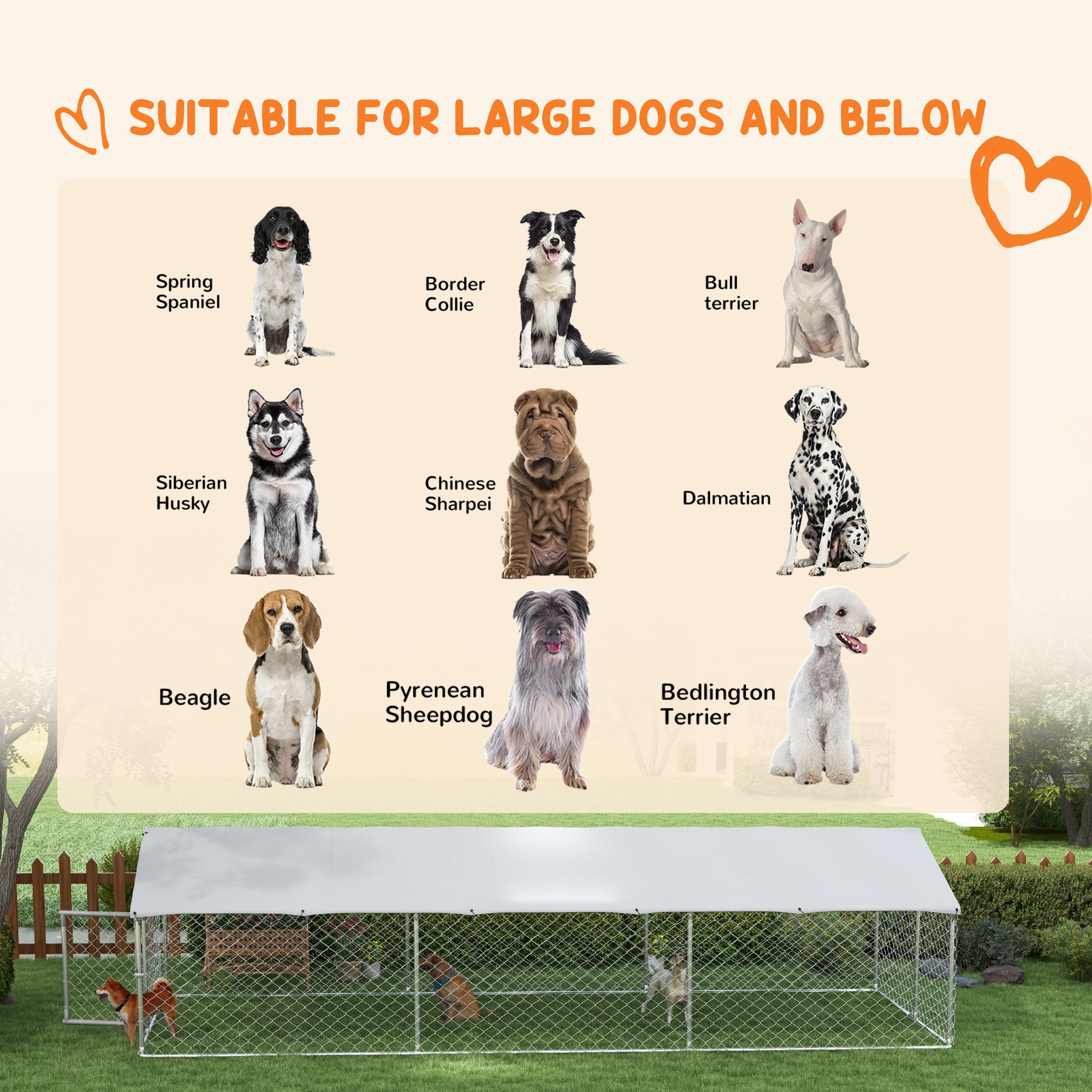 Parc extérieur pour chiens de 19.7' x 7.5' x 4.9', résistant aux intempéries, avec espace de jeu, pour chiens moyens et doux, avec couverture résistante aux UV et imperméable, argenté