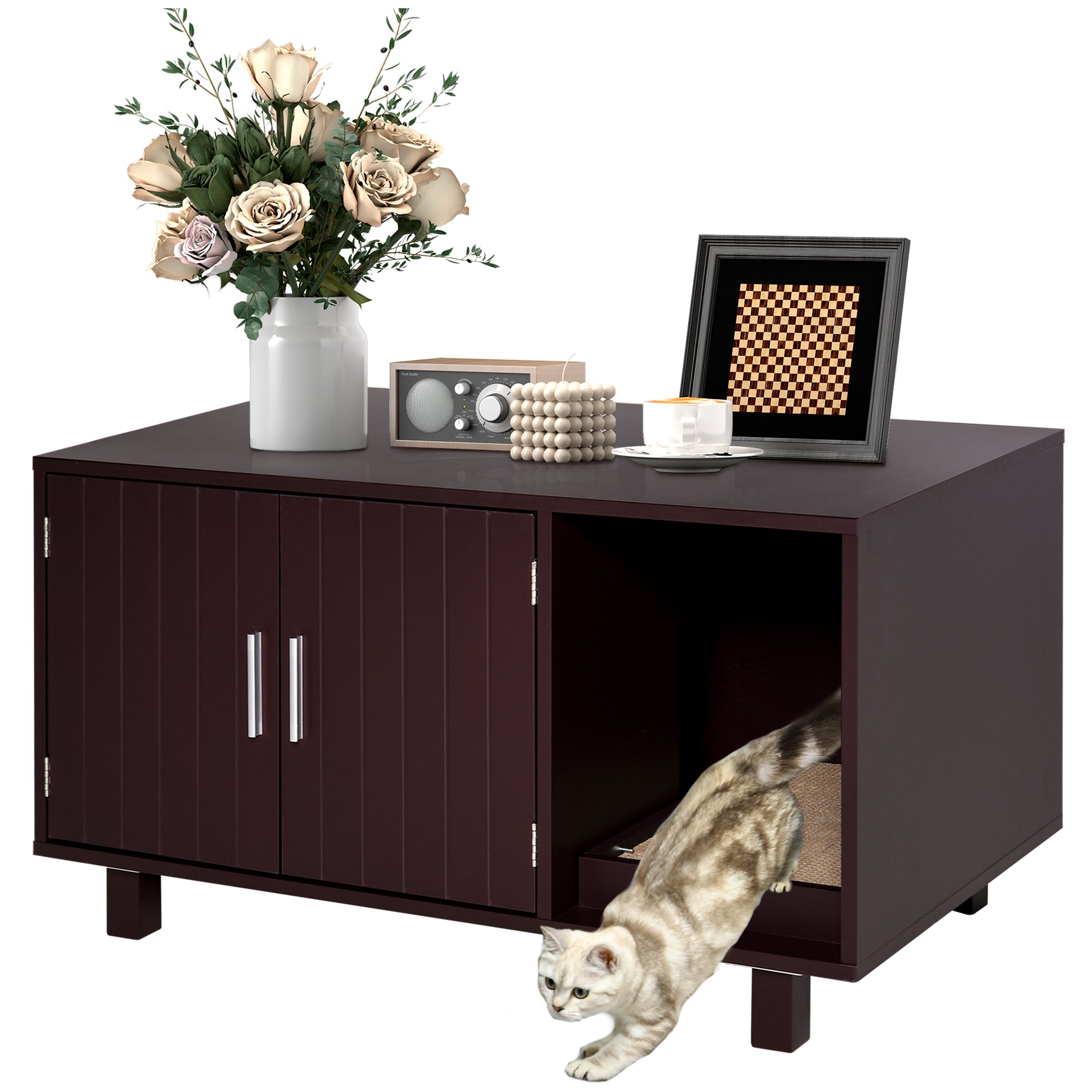 Meuble cache-litière pour chat, meuble à litière dissimulé, maison pour chat et table d’appoint avec espace toilettes et tapis à griffer, pour chats et chatons d’intérieur, 36" x 20.5" x 20", marron
