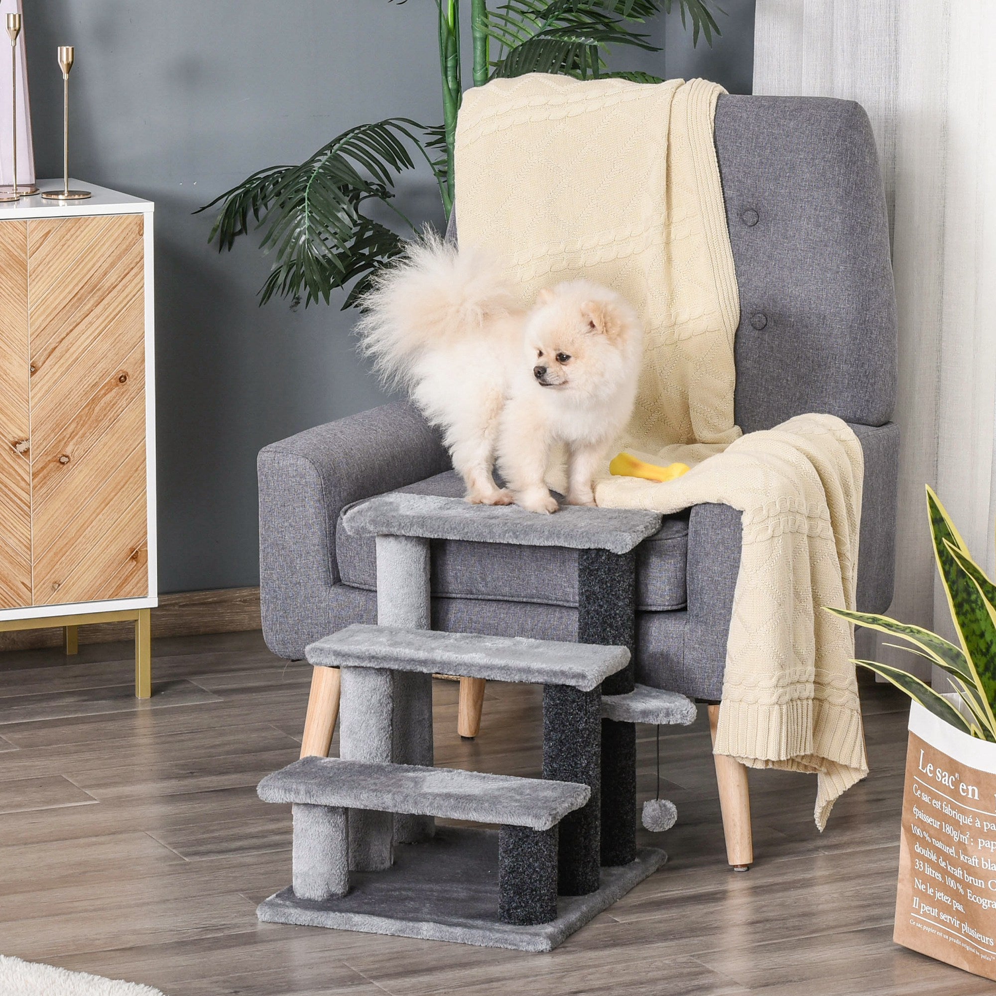 Cat Stairs for Bed, Couch 3 Steps, Small Cat Tree for Indoor Cats with Scratching Posts Toy Ball, 17.5" x 15.5" x 19"