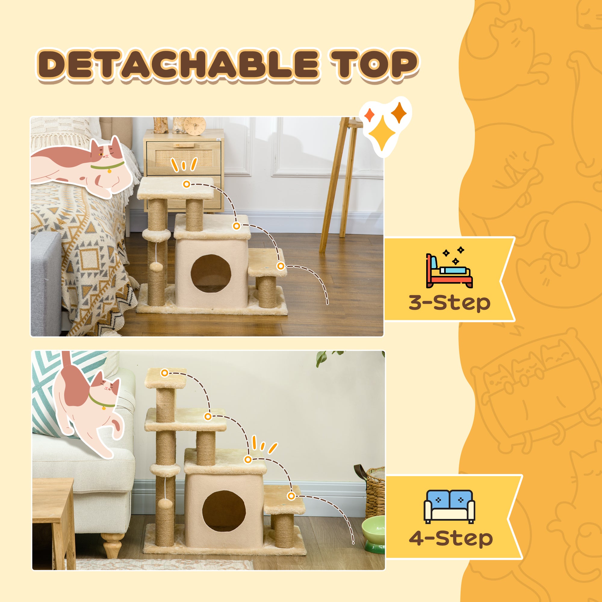 Cat Stairs Pet Steps for Couch Bed with Scratching Posts Condo Ball Toy, 23.6" x 15.7" x 26", Beige