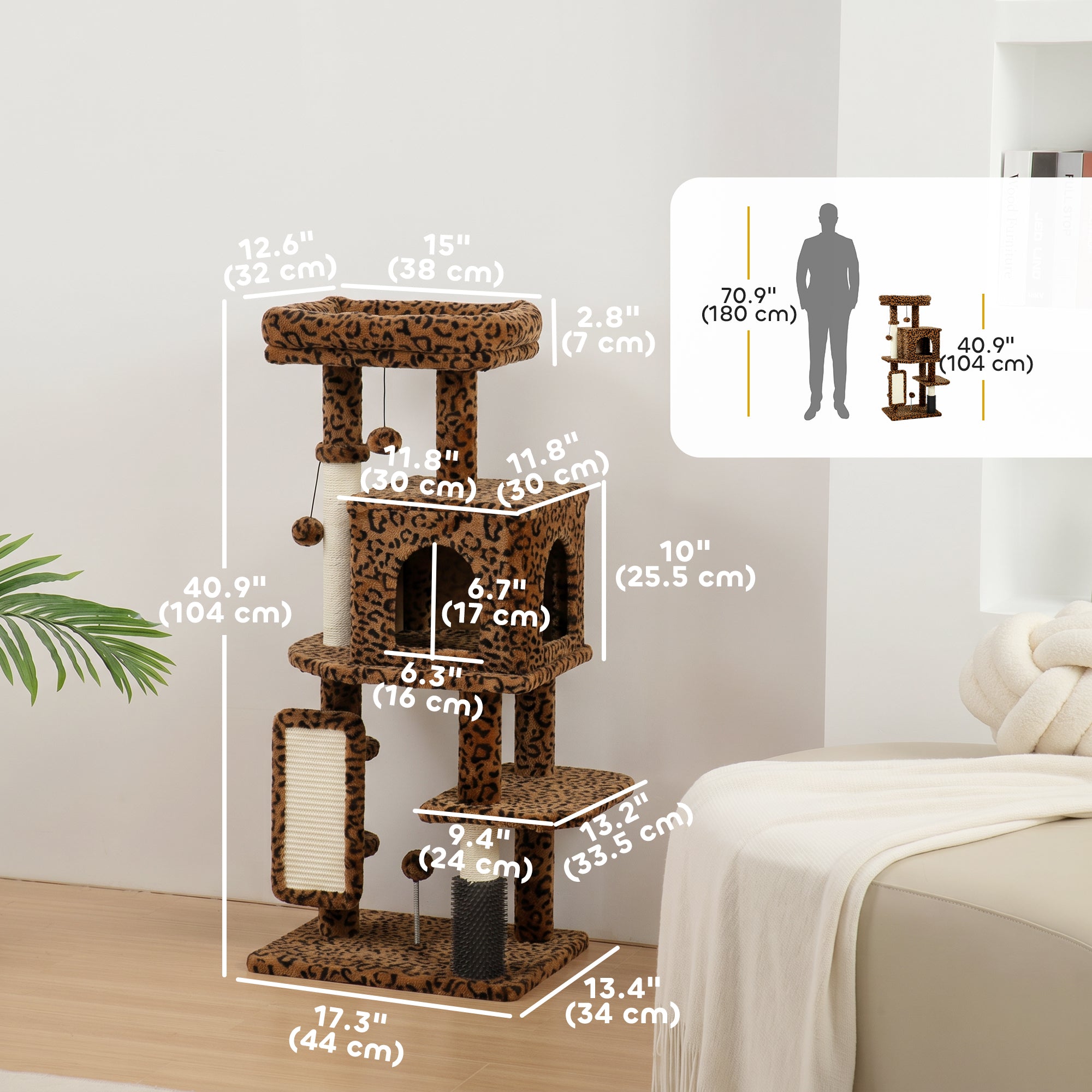 Arbre à chat de 41 pouces avec poteaux à griffer, panier pour chat, niche, plateformes de saut, balles de jeu, motif léopard
