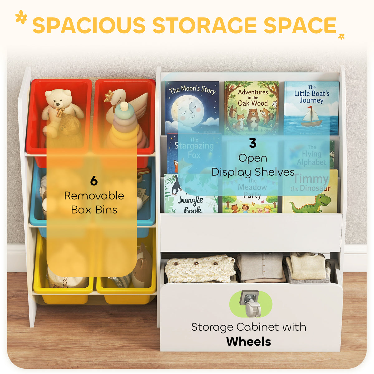 Kids Bookshelf and Toy Storage, 3-Tier Bookcase with 6 Removable Bins and Box for Toddler Nursery Playroom, Multi