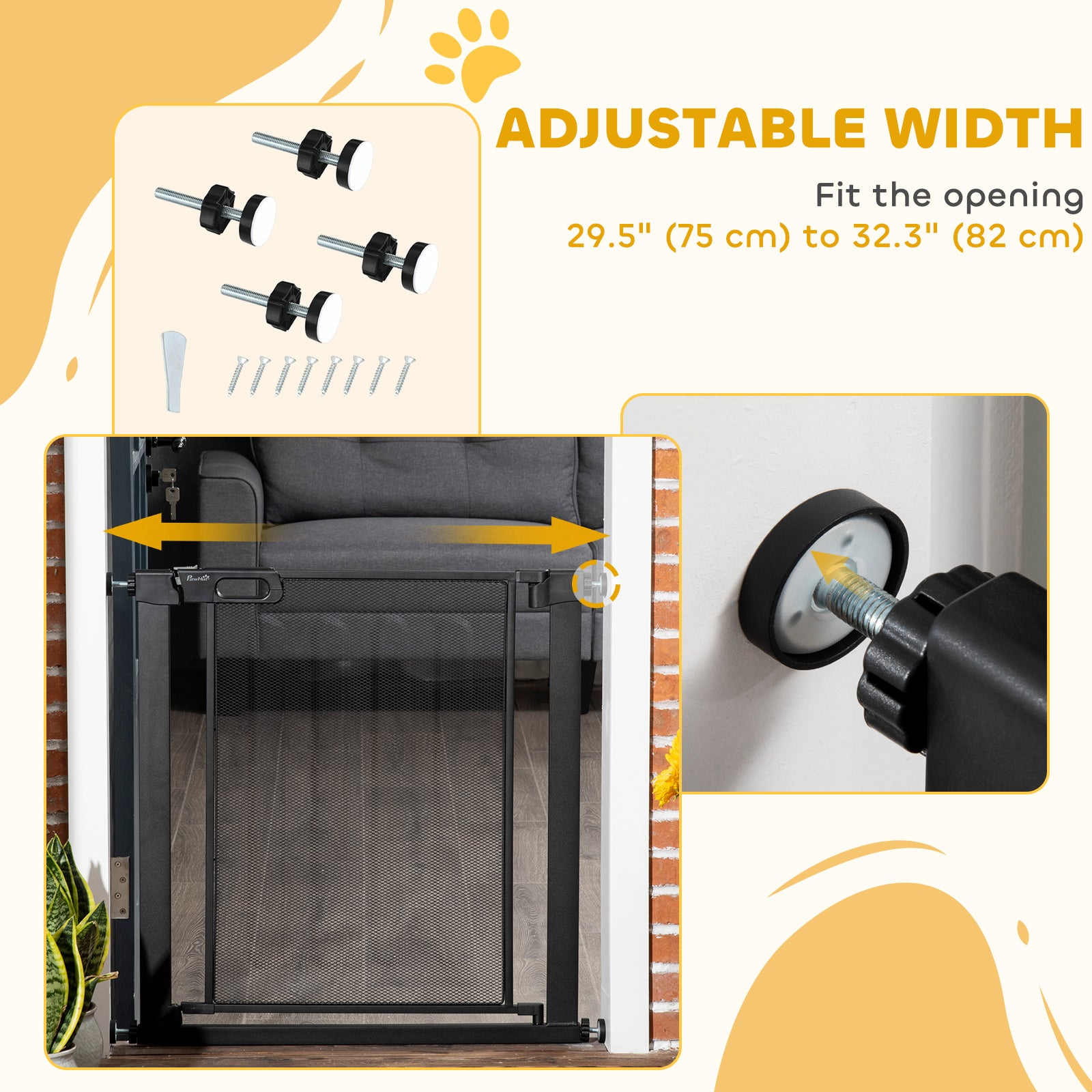 Barrière métallique pour animaux de 29.5"-32.3", avec porte à fermeture automatique, double verrouillage, barrière pour chiens pour portes, escaliers et couloirs, intérieur/extérieur, noire