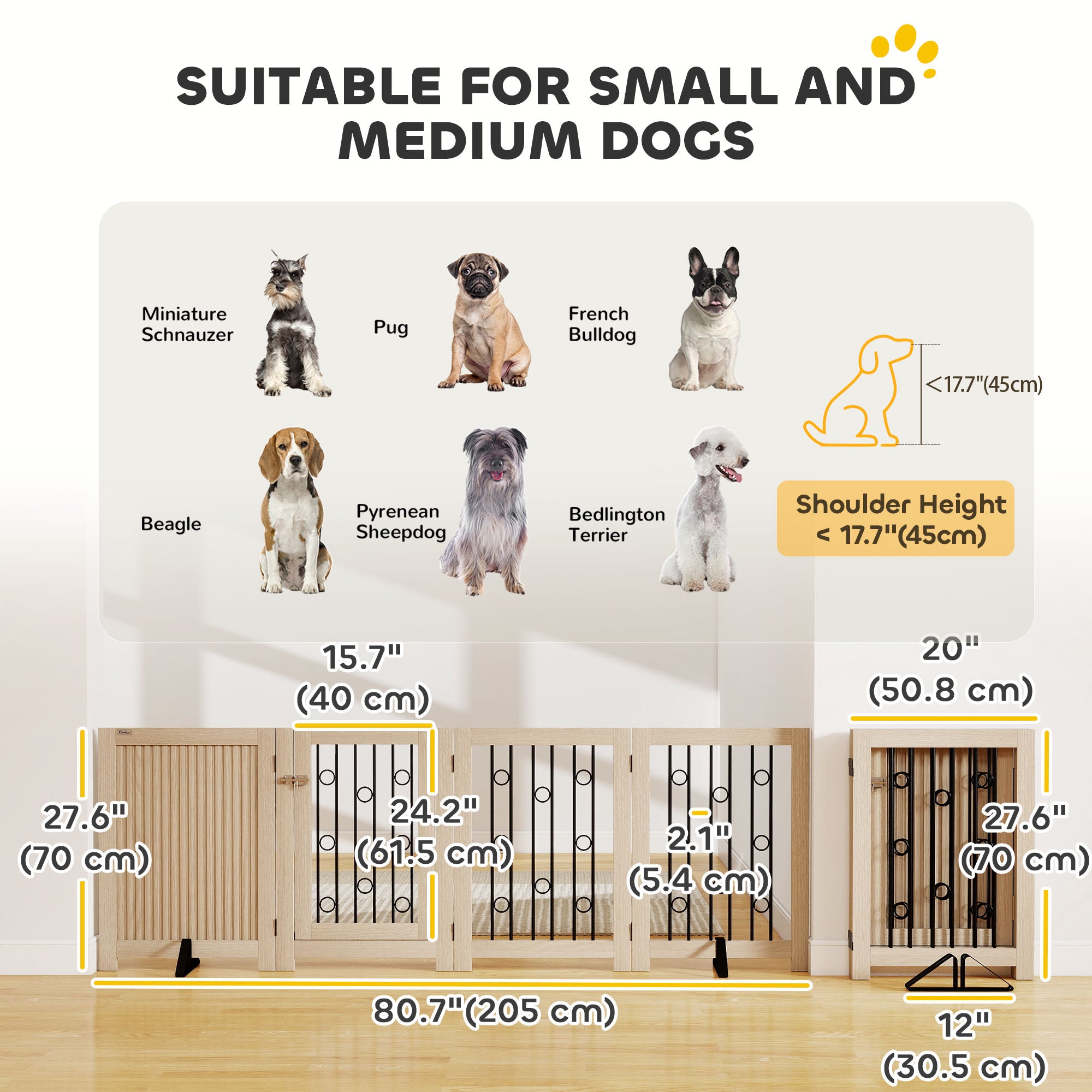 reestanding Dog Gate, Wooden Foldable Pet Gate with 4 Panels, Walk-Through Door, Support Feet, Non-Slip Mats
