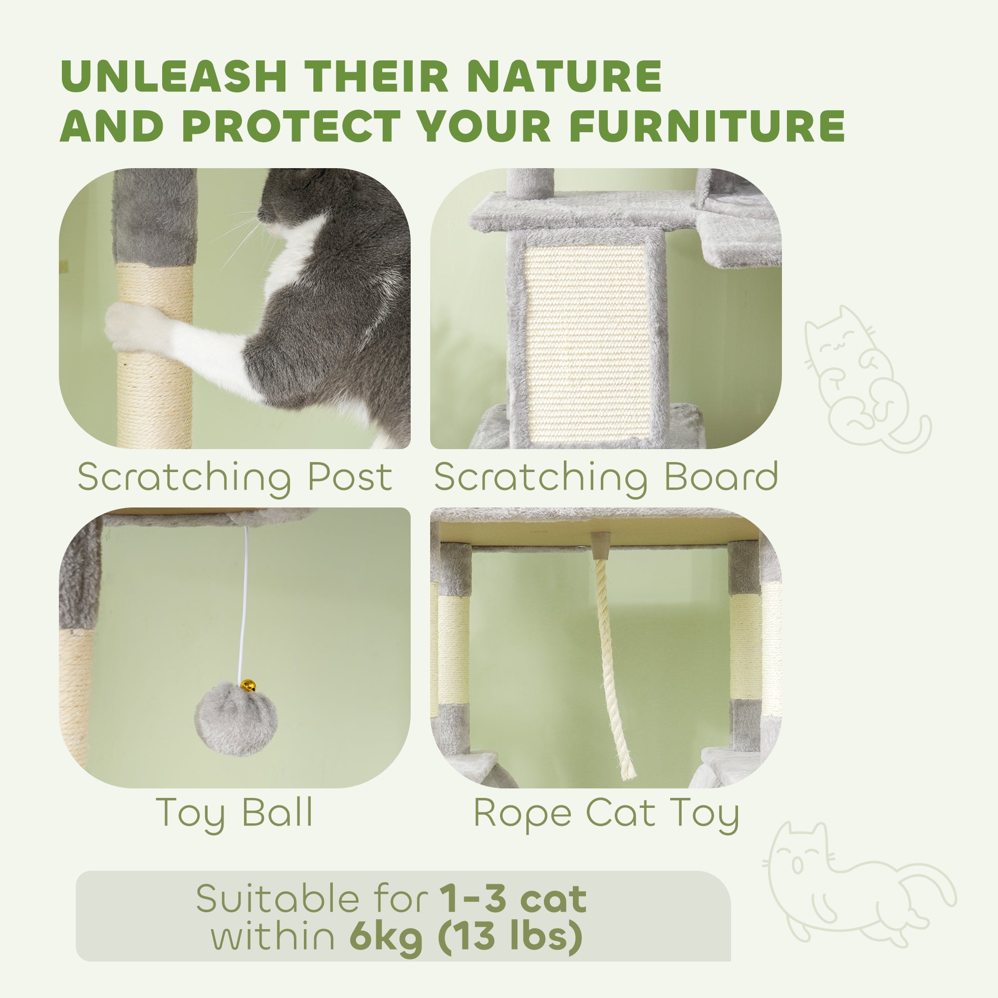 81" Large Cat Tree w/ Scratching Posts, Condos, Beds, Hammocks, Jumping Platforms, Toy Balls, Rope Cat Toy, Light Grey