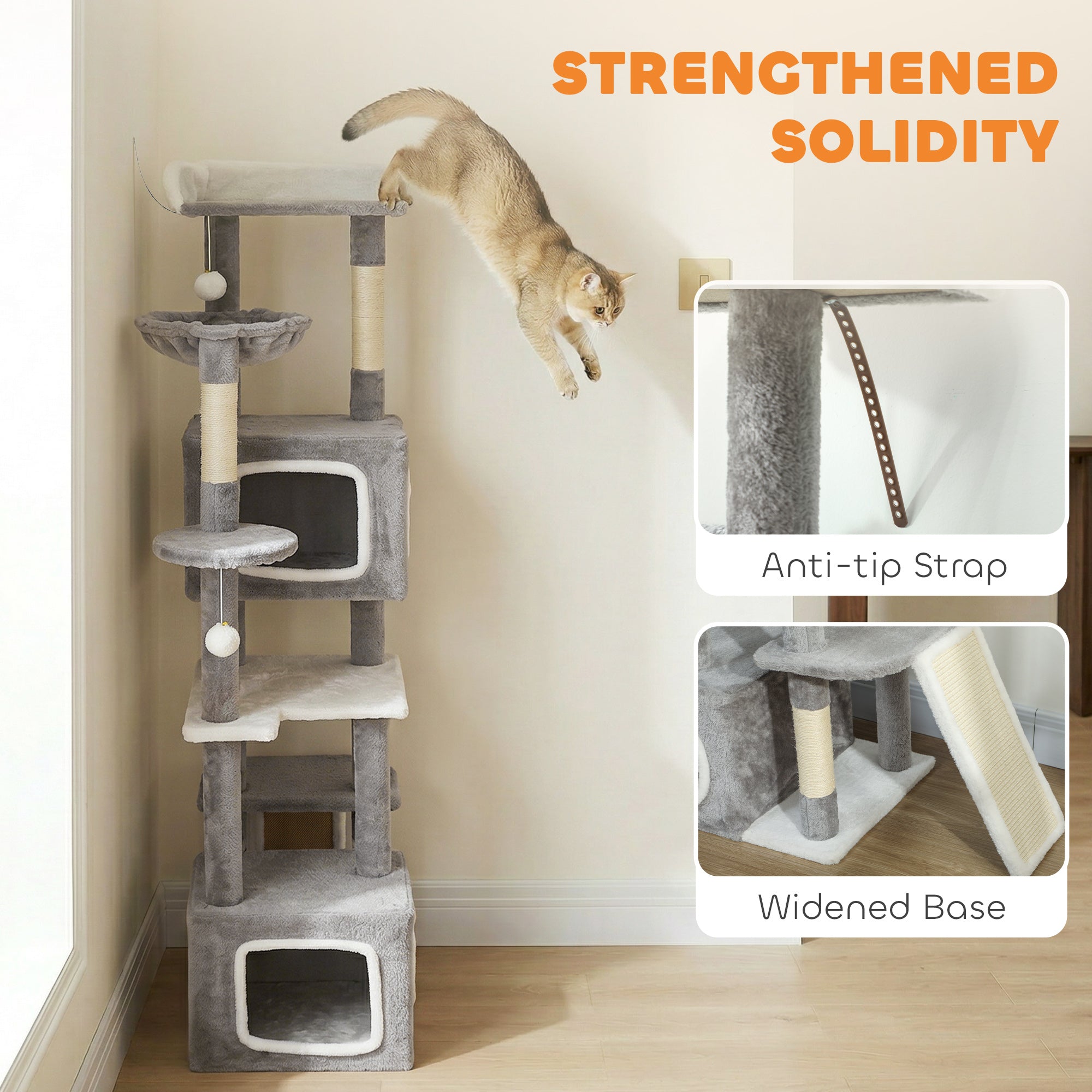 65 Inch Cat Tree with 2 Doors Condos, Plush Top Perch, Hammock, Sisal Scratching Posts, 4 Pompoms, Ramp, Grey