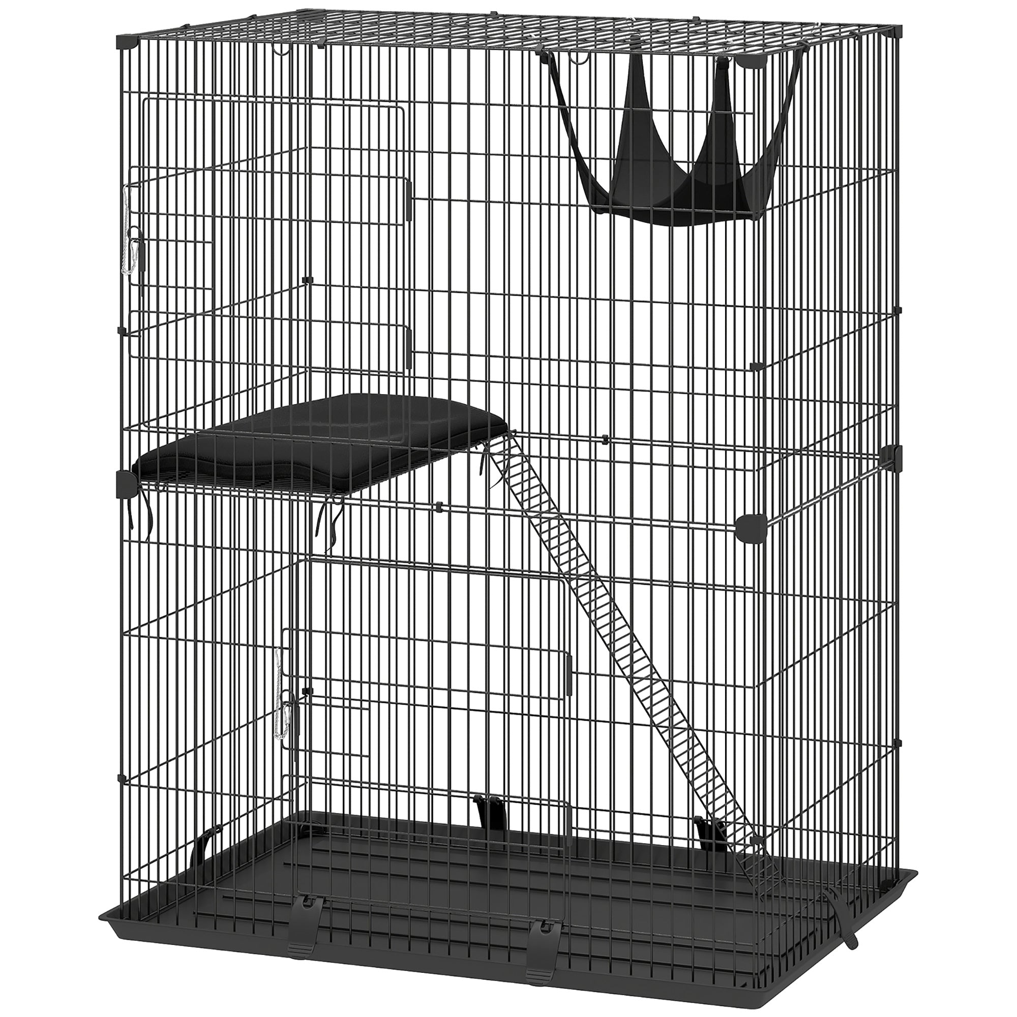 Cage à deux niveaux pour chats d’intérieur, niche détachable en fil métallique avec hamac, plateforme, bac et coussin pour 1 à 2 chatons