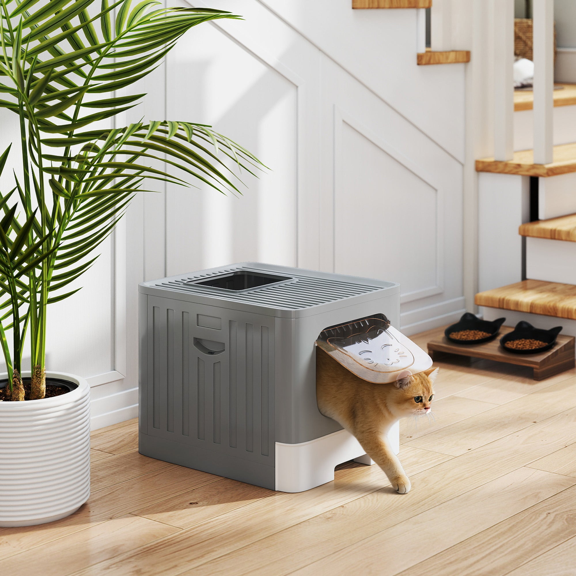 Cat Litter Box with Lid, Slide-Out Drawer, Scoop, Easy Clean, Odour Control, Anti-Splashing, Grey