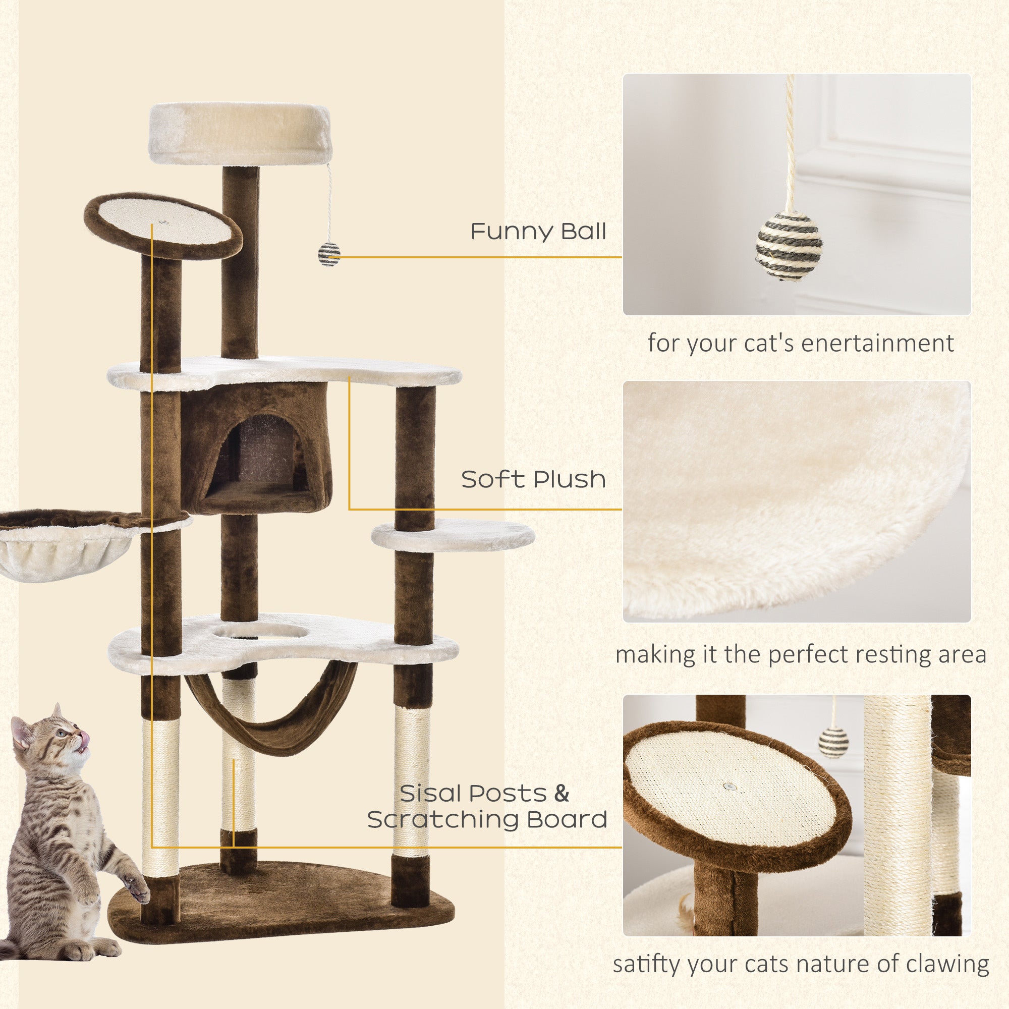 Arbre à griffer pour chat de 60", condo avec couchage, poteau, maison, meubles et jouets pour animaux – marron et beige