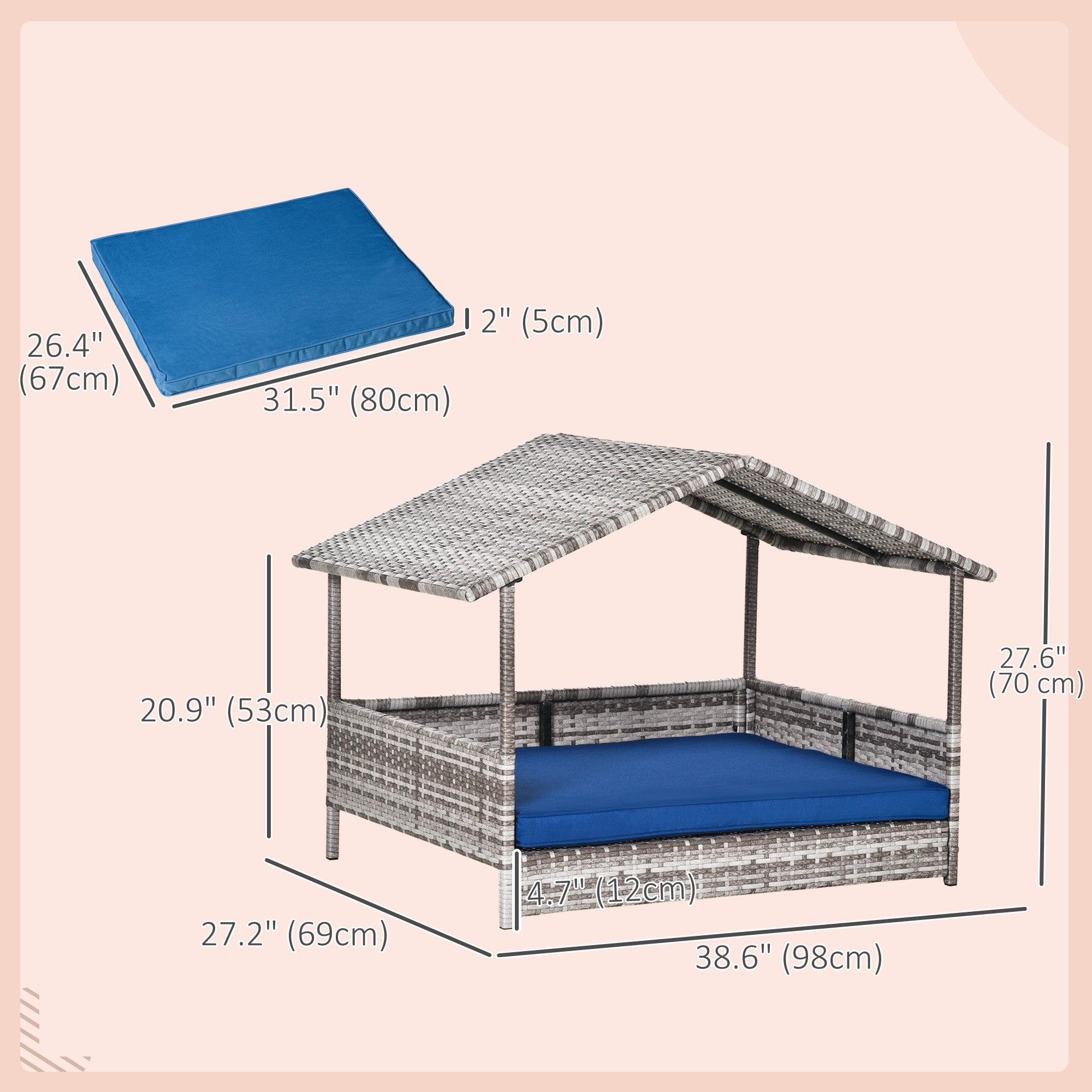 Niche pour chien en rotin avec auvent, panier pour chien en osier avec coussin résistant à l’eau, pour petites et moyennes races, bleu foncé