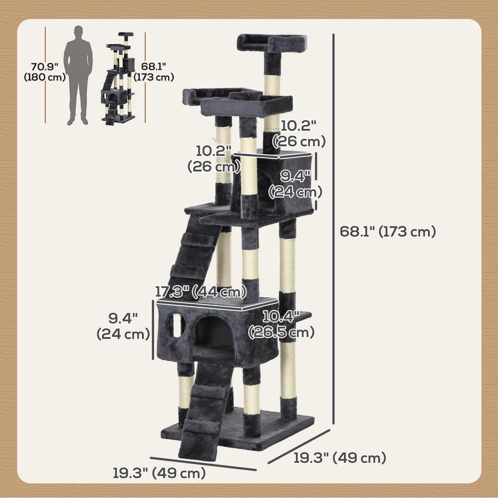 68-inch Multi-Level Cat Scratching Tree Kitty Activity Center Post Tower Condo Pet Furniture w/ Toy Charcoal Grey