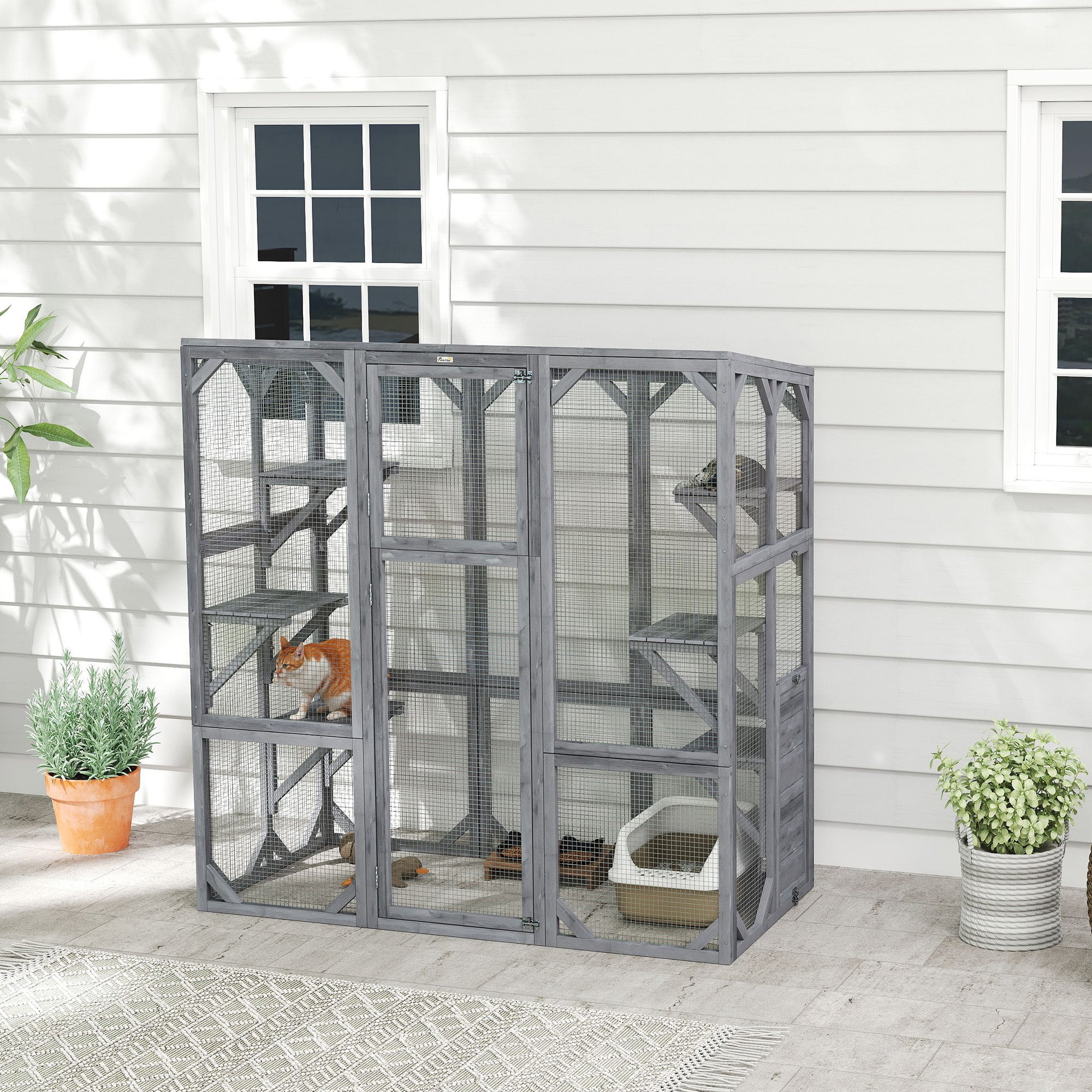 Outdoor Cat Enclosure with 6 Jumping Platforms, Weatherproof Roof, Large Front Door for 1-3 Cats, 59" x 28" x 60", Grey