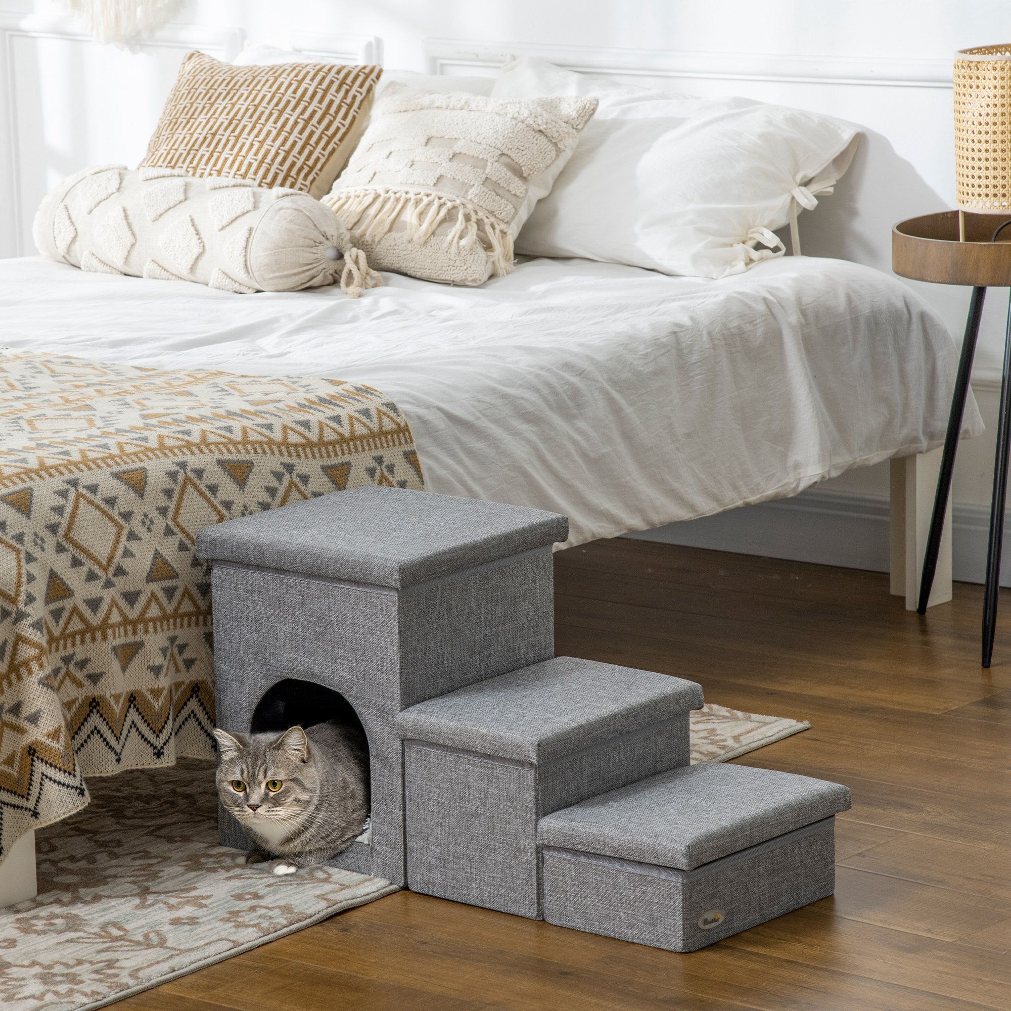 Dog Ramp with Storage Boxes and Condo, 3-step Pet Stairs for High Beds and Couch with Washable Plush Cushion