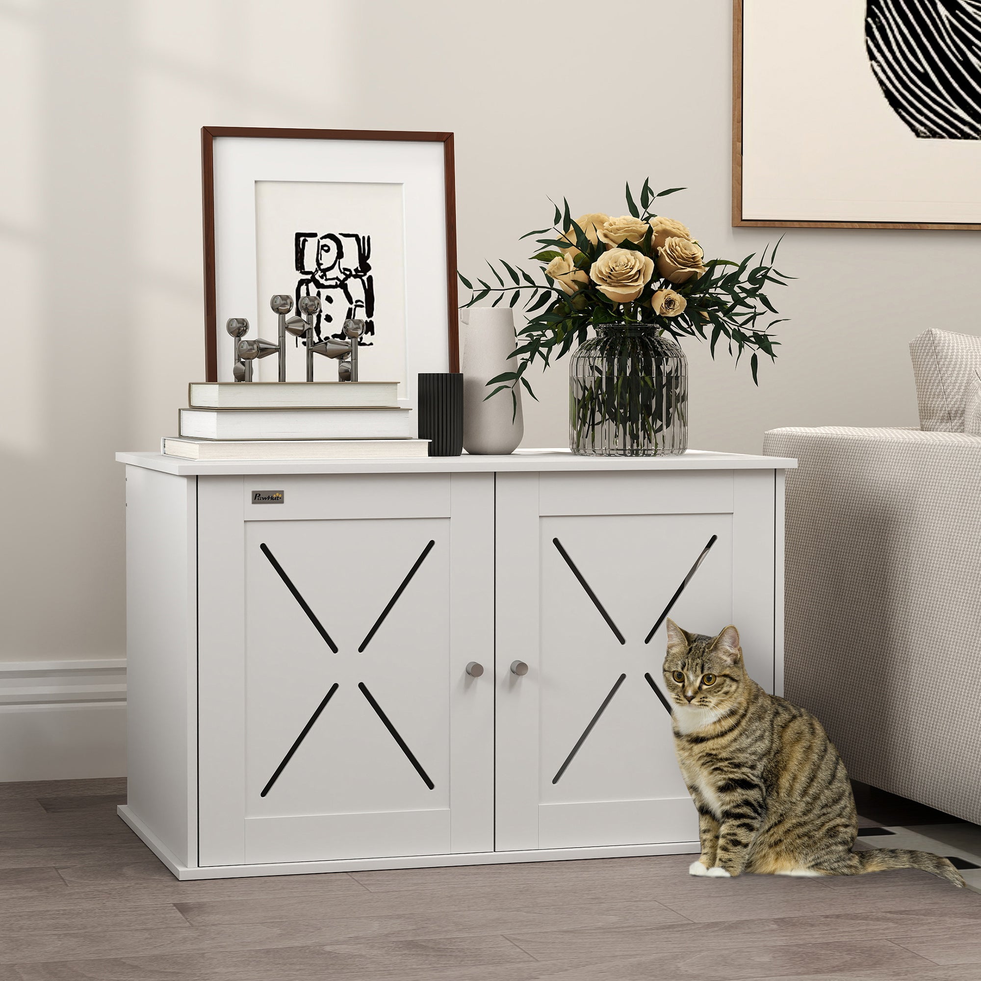 Hidden Cat Litter Box Enclosure with Double Doors, Hole, Pet House Side End Table, 31.5" x 19" x 20", White