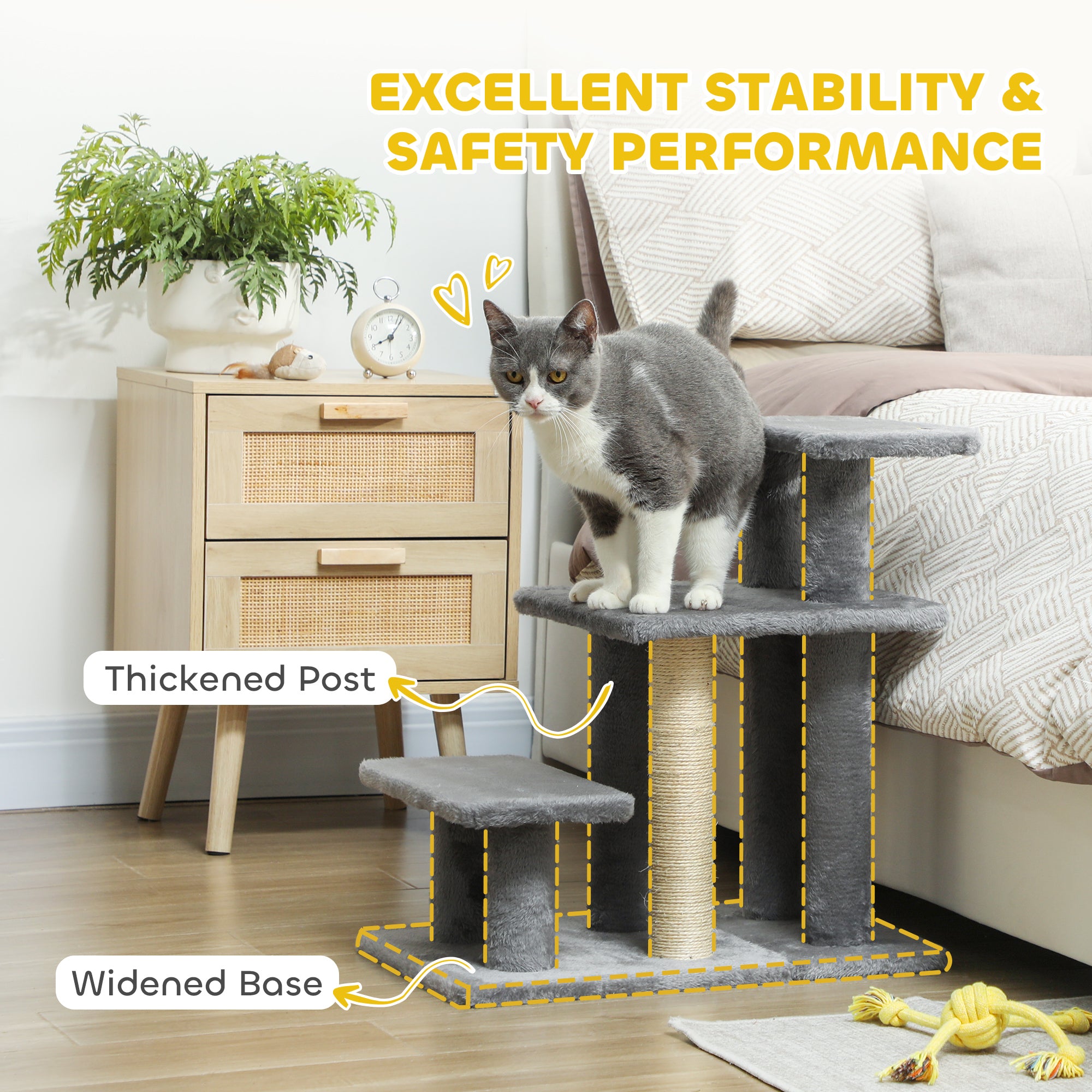 Cat Stairs with Sisal Scratching Post for High Bed Couch, Adjustable 3-Tier Pet Stairs, Grey