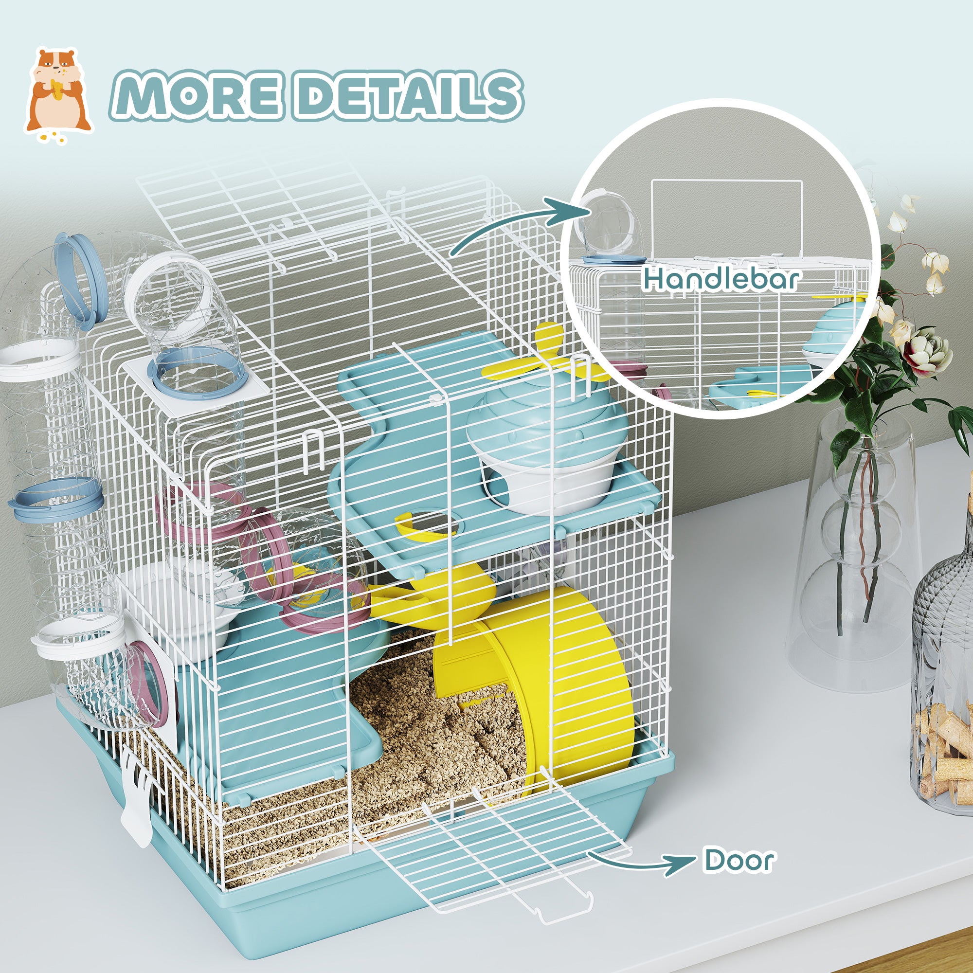 3-Level Hamster Cage with Exercise Wheel, Play Tube, Water Bottle, Food Dish, Hut, Ladder, Blue
