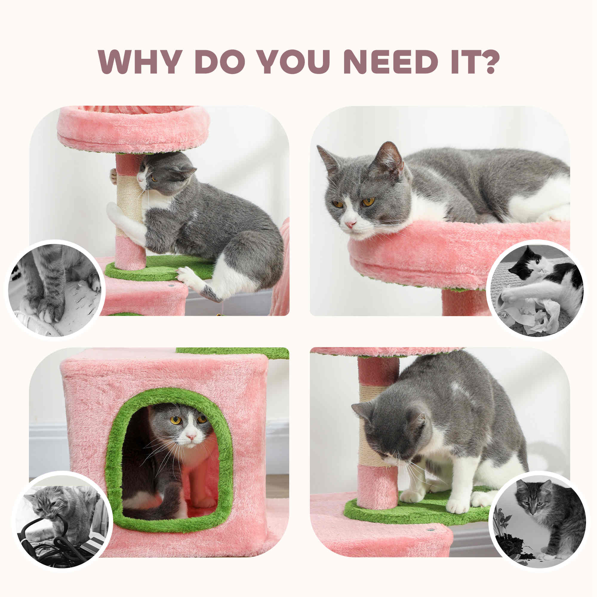 28" Cat Tree Tower with Plush Top Bed, Cozy Condo, Sisal Scratching Post, Perch, Dangling Ball, Pink & Green