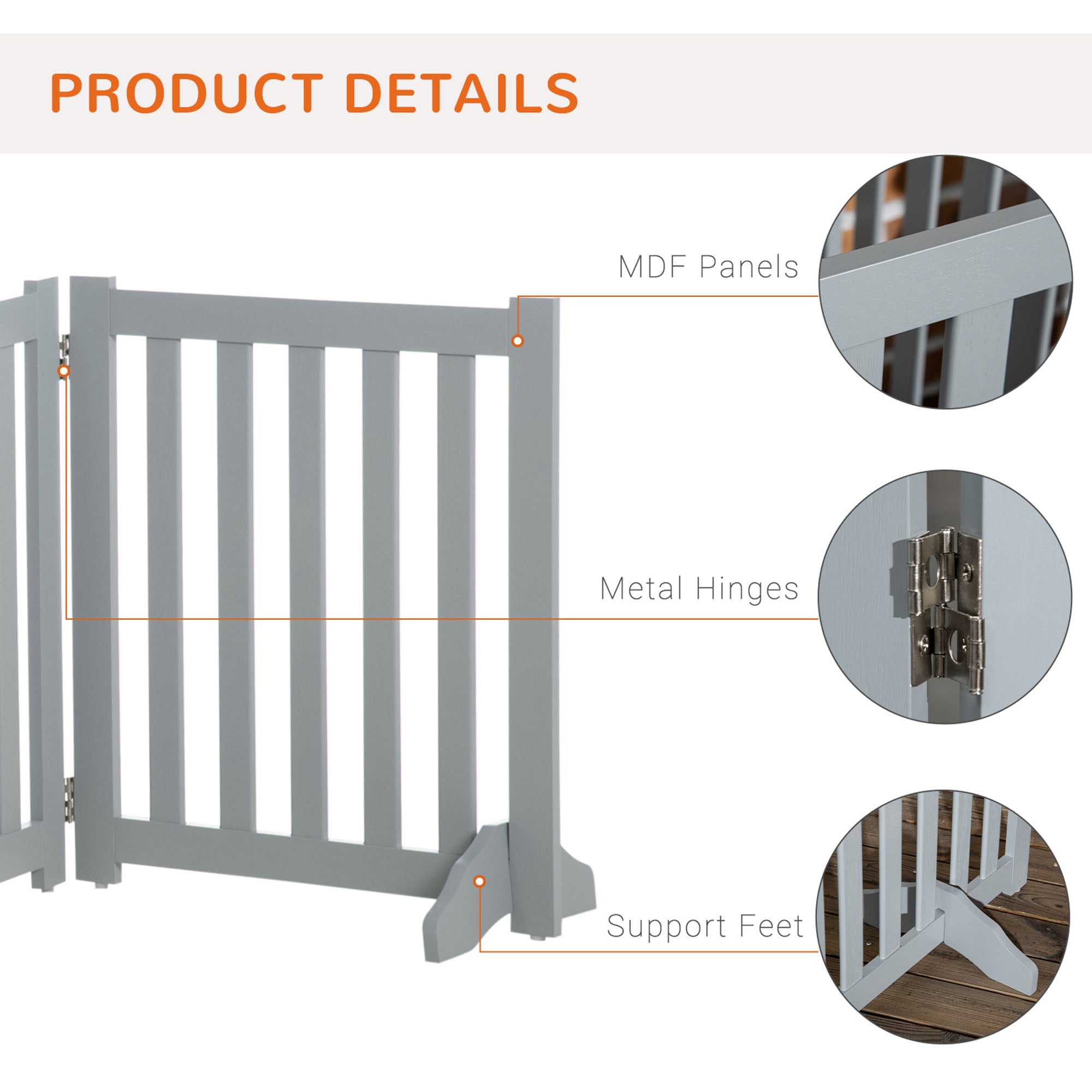 23.5"H Foldable Dog Gate with Door, 4 Panels Freestanding Pet Gate Barriers Indoor with Support Feet, Puppy Fence for Dogs, Grey