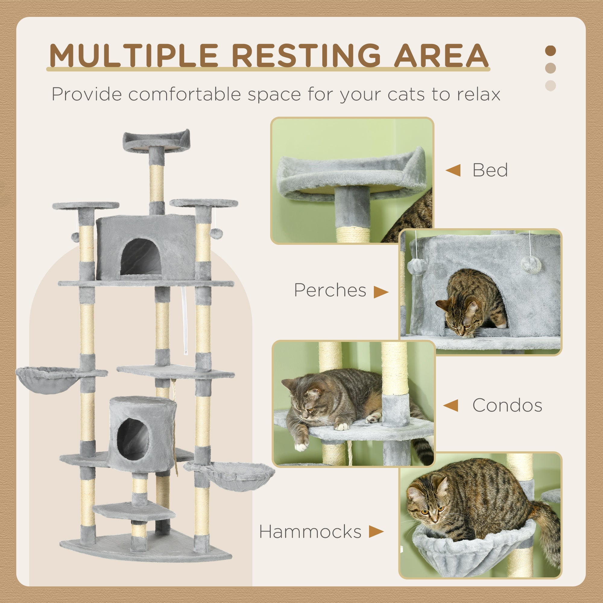 Arbre condo pour chaton de 79" avec griffoir, centre d’activités et jouets, gris clair