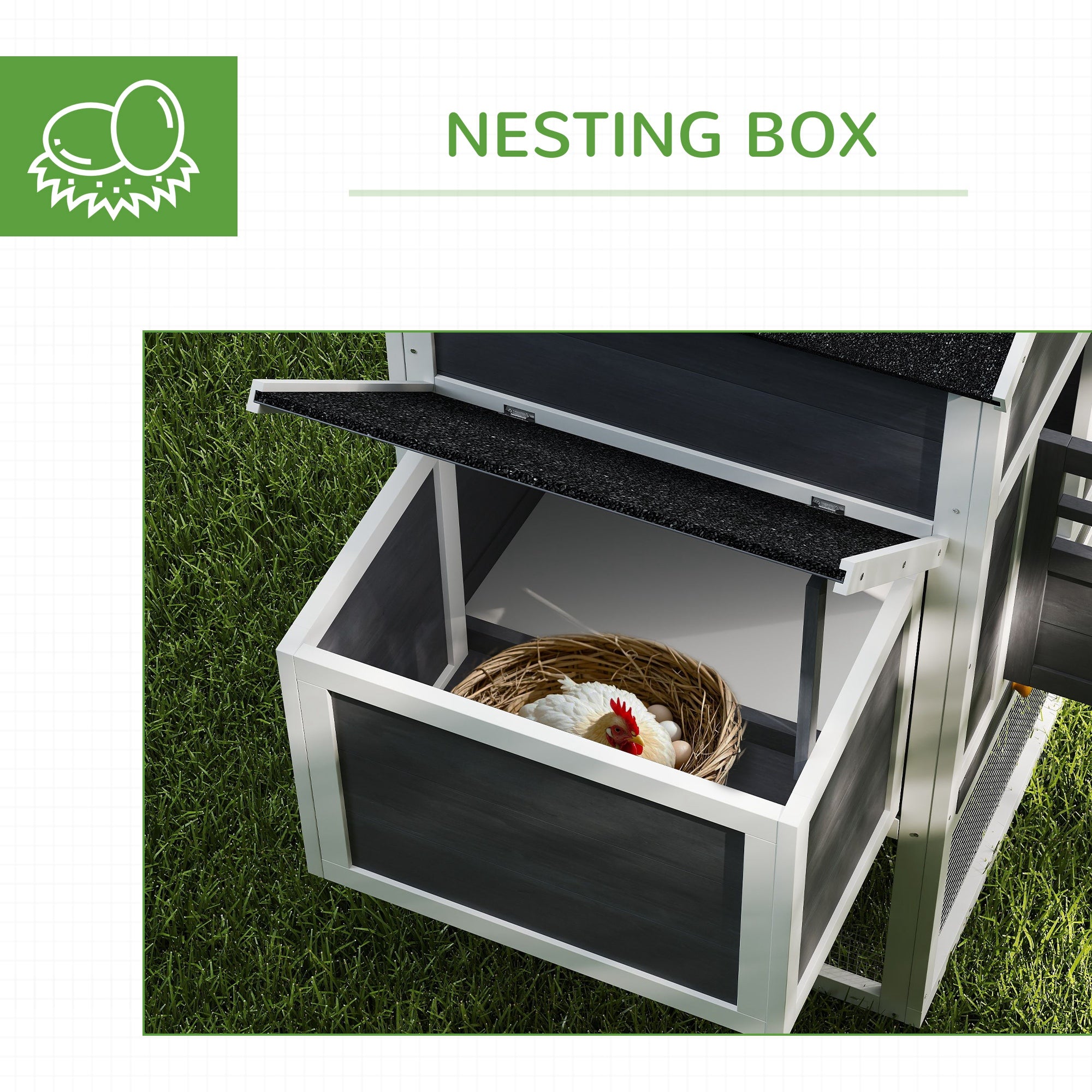 117" Extra Large Chicken Coop with Asphalt Roof, Wooden Hen House with Slide-out Tray, Quail Hutch with Nesting Box, Grey