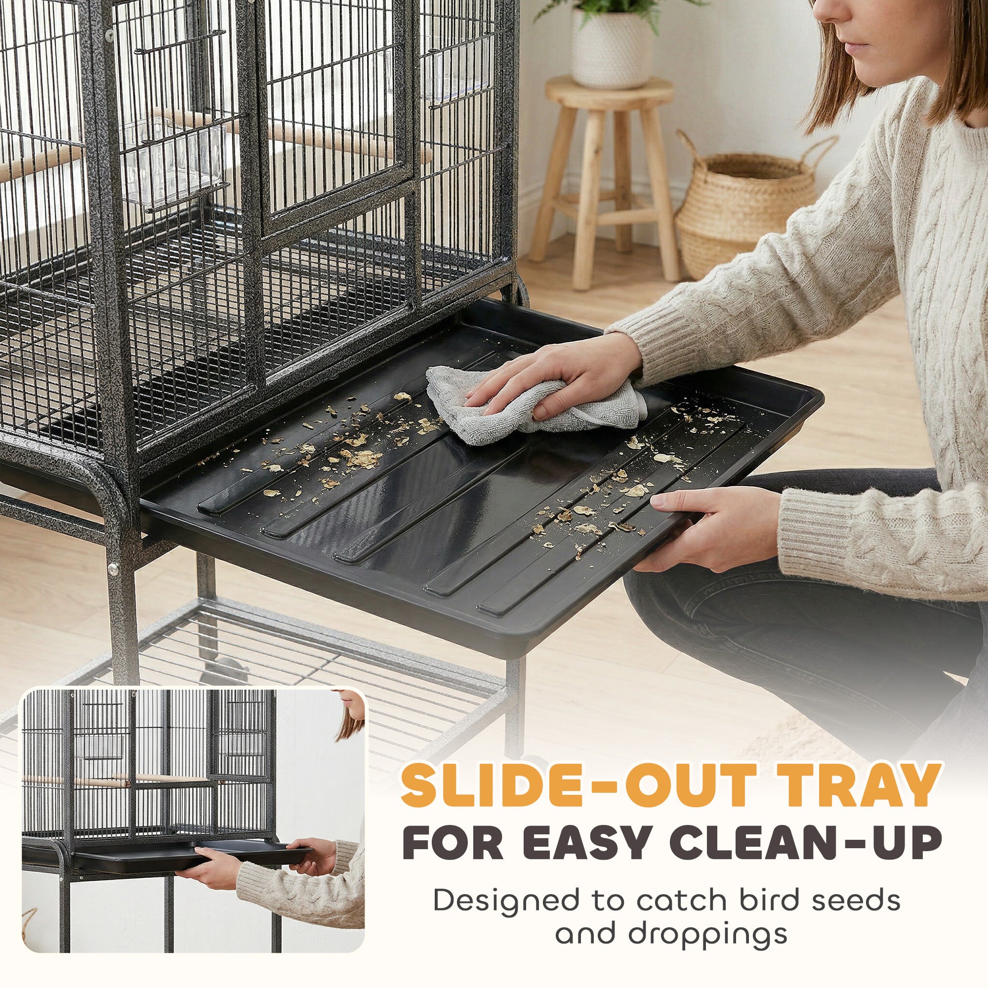 56"H Bird Cage, Parrot Cage w/ Detachable Rolling Stand, Removable Tray, Storage Shelf, Perches, Food Container