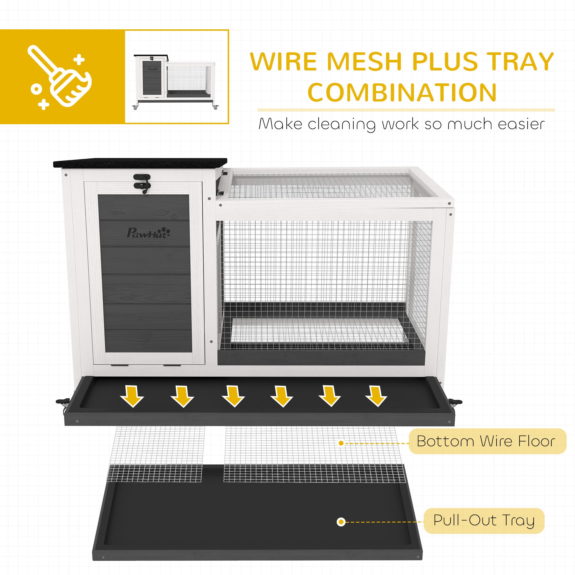 Wooden Rabbit Hutch with Pull-Out Tray, Asphalt Openable Roof, Small Animal Cage on Wheels with Run, Grey