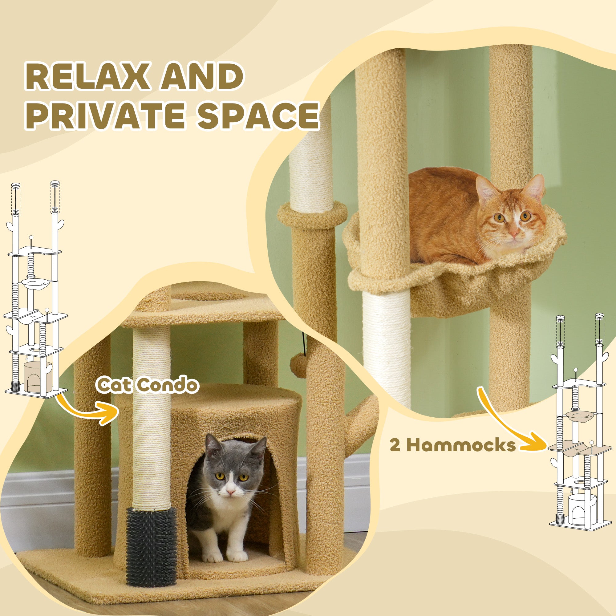 89"-100" Floor to Ceiling Cat Tree Cat Tower for Large Cats w/ Scratching Posts, Grooming Brush Post, Cat Condo, Brown