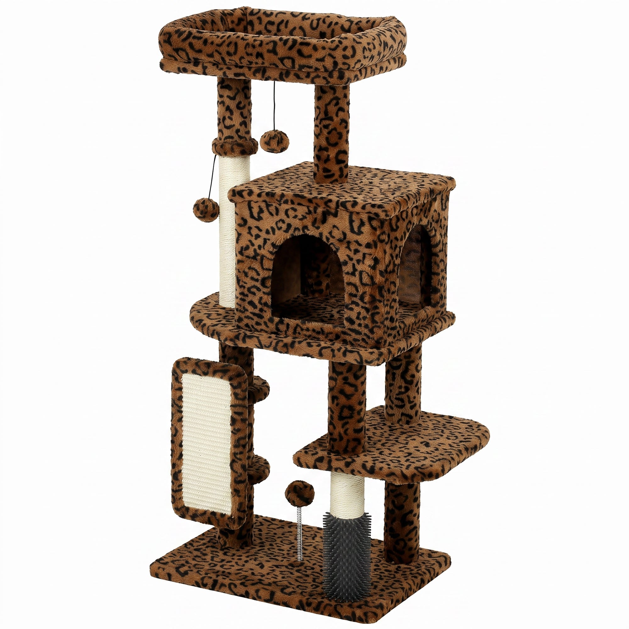 Arbre à chat de 41 pouces avec poteaux à griffer, panier pour chat, niche, plateformes de saut, balles de jeu, motif léopard
