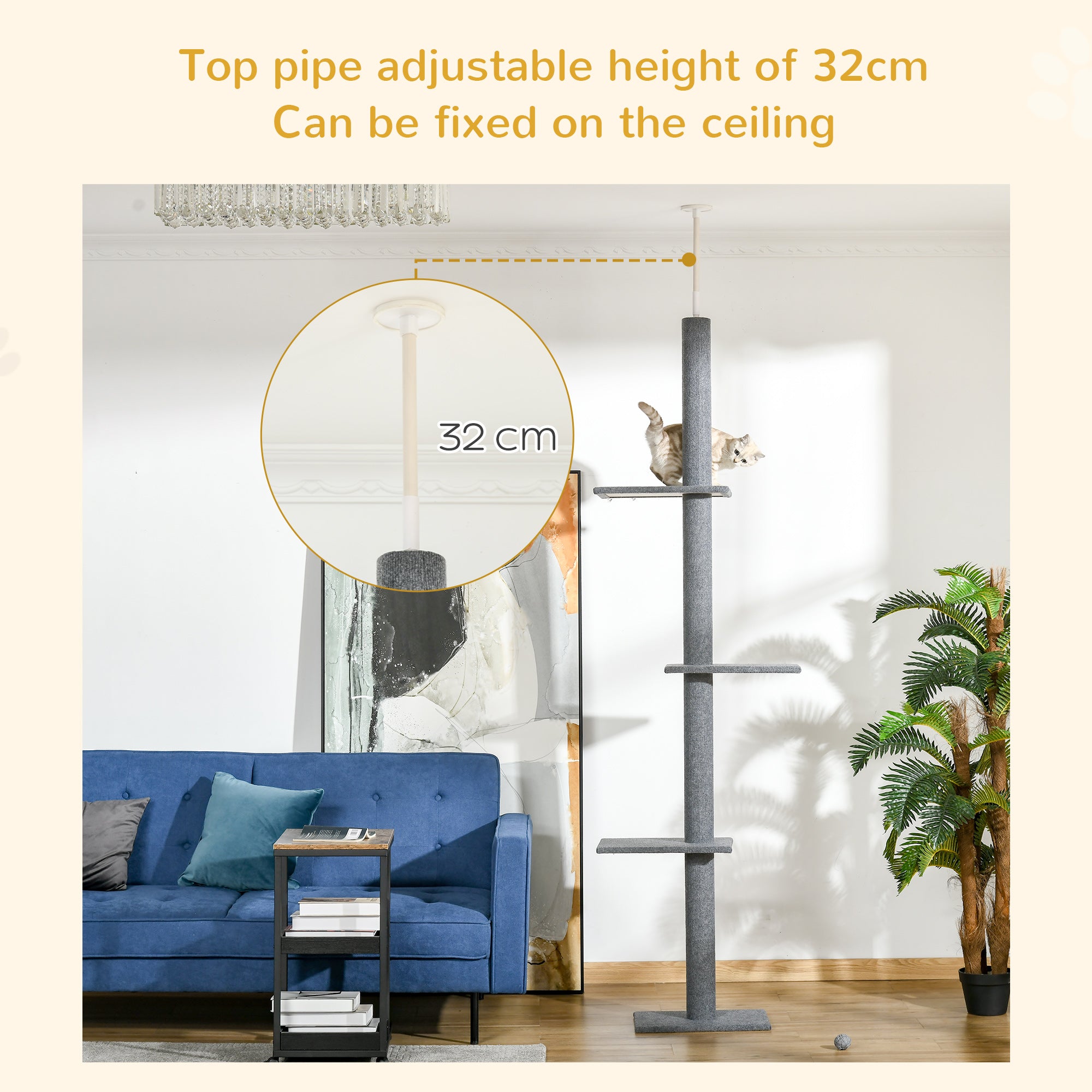 100" Floor To Ceiling Cat Tree w/ 3 Perches Activity Center for Kittens Cat Tower Furniture, Grey