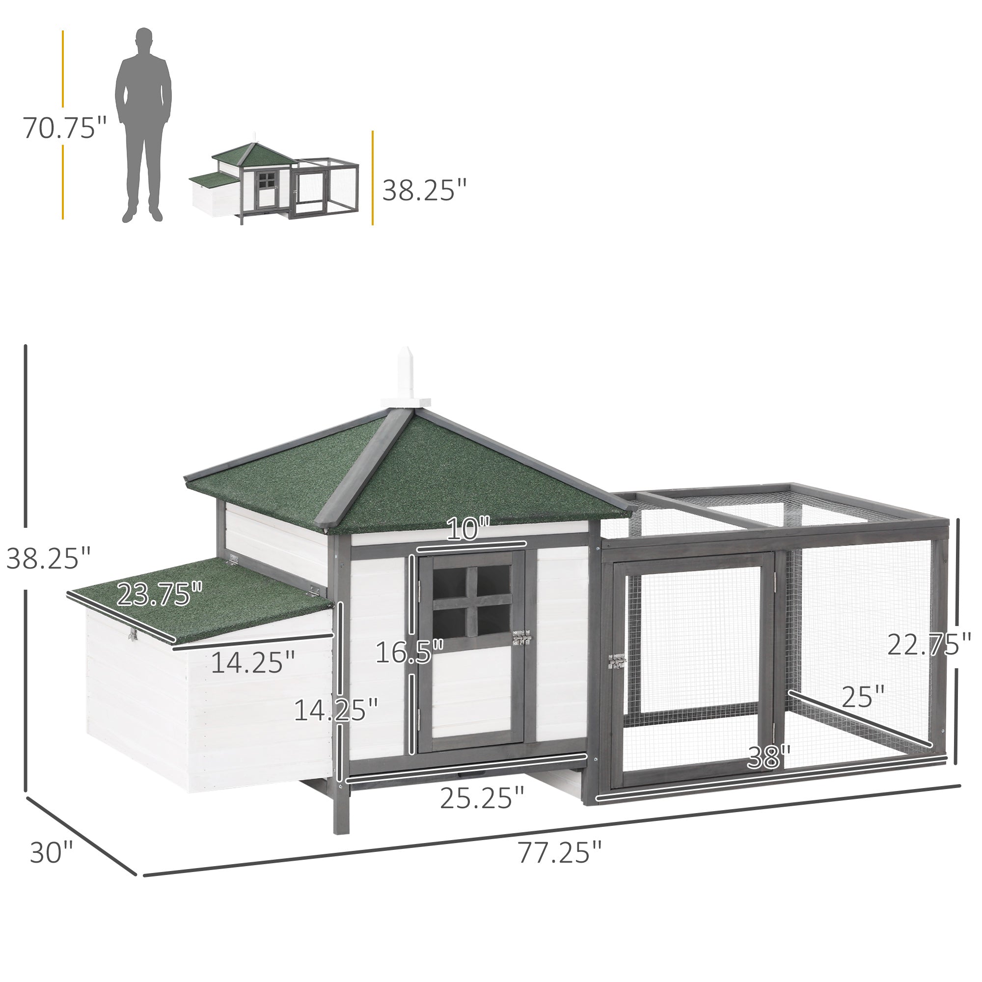 77" Chicken Coop Hen House Rabbit Hutch Poultry Cage Pen Outdoor Backyard with Nesting Box Run White and Dark gray