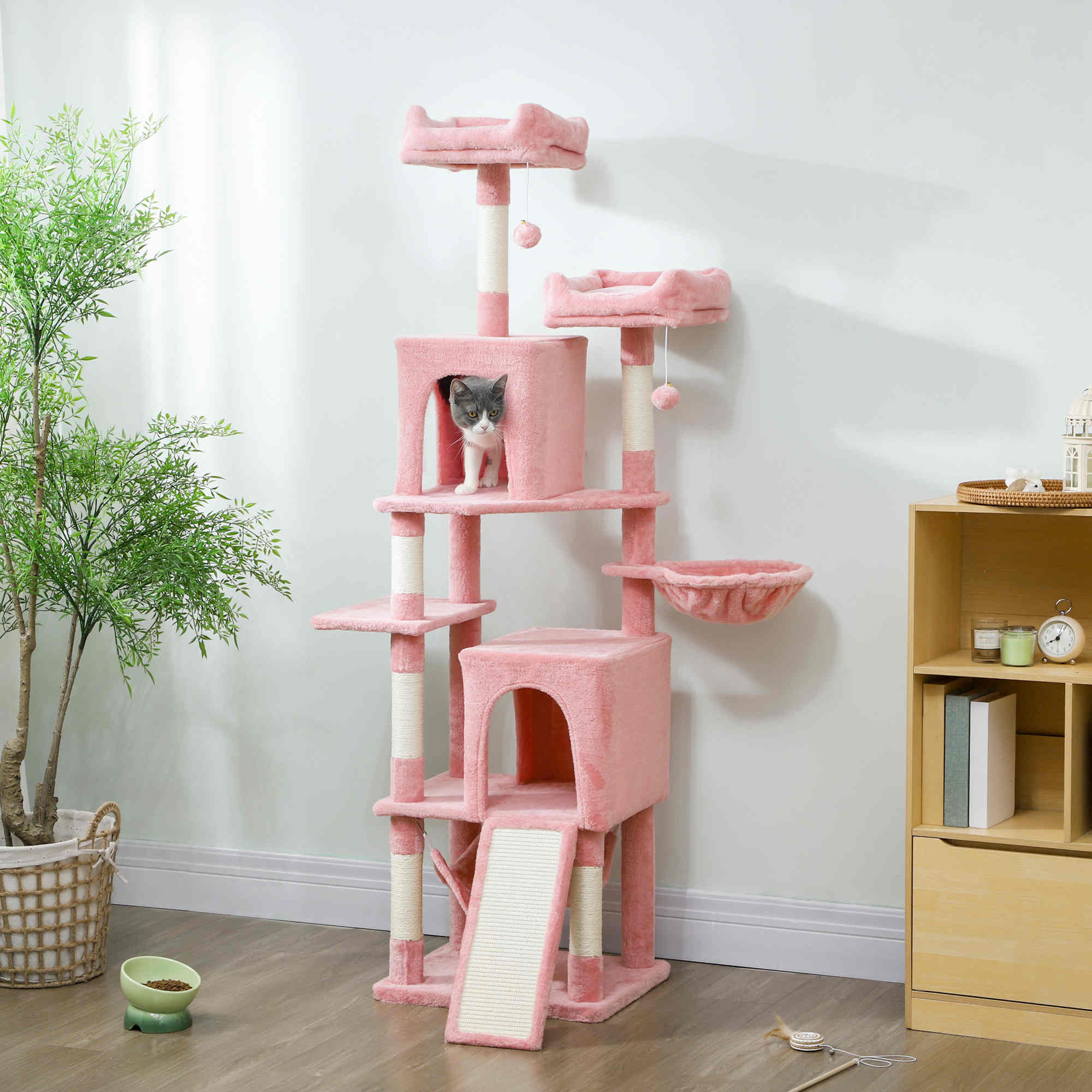 Cat Tree, 70" Multi-Level Cat Tower with 2 Condos, 2 Perches, Hammock, Toy Balls, Scratching Posts and Board, Pink